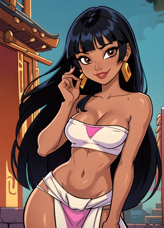 masterpiece, best quality, 1girl, solo, chel, black hair, long hair, blunt bangs, brown eyes, dark skin, lipstick, tube top, cleavage, bare shoulders, earrings, seductive smile, looking at viewer, temple background
