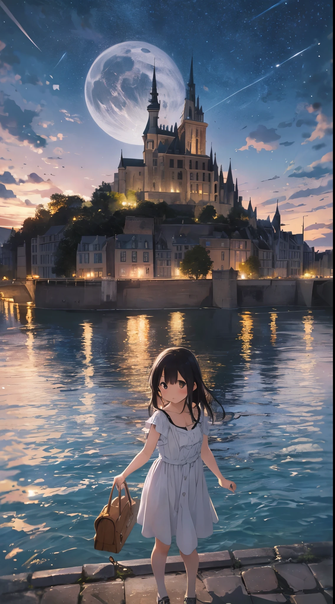 This work focuses on a girl's face using a fisheye lens.。Create a masterpiece image set in Mont Saint-Michel and its bay at night。The scene is enveloped in the soft glow of moonlight、Cast long shadows、Illuminate the ancient architecture of the monastery。This girl is beautiful and adorable。She was exploring the historic site, wide-eyed in surprise。 She wears traditional costume and、The fabric is painted with maximum realism.、Different textures are emphasized。Her skin is also rendered in great detail、Captures subtle changes in texture and color。 The bay around her is calm and、The surface of the water plays the role of a mirror、It reflects the moonlight and the silhouette of Mont Saint-Michel。Delicately depicting the reflection of the water surface、Captures subtle ripples and play of light。 The girl was looking up at the camera curiously.、Gives the impression that the viewer is looking down on her。This sense of perspective is、It can be achieved using the fisheye effect to distort the image to create a wide panoramic or hemispherical view。 The overall quality of the image must be of the highest standard、Emphasis on enhancing the quality of details。The final artwork is、With the innocence of the girl、Mont Saint-Michel and its timeless beauty at night will be a celebration of the bay。