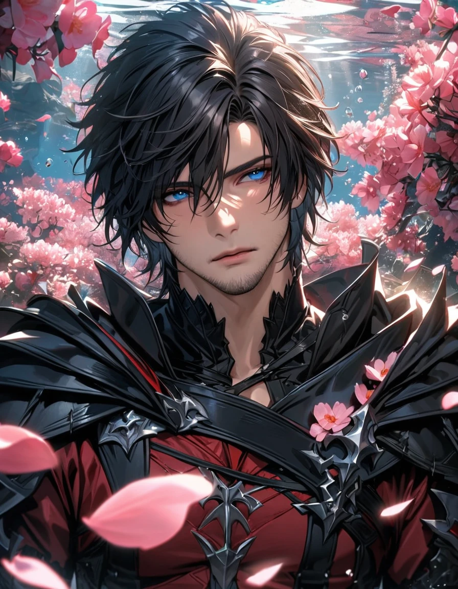 absurdres, highres, ultra detailed, HDR, master piece, best quality, Clive Rosfield, black hair, expressive blue eyes, Final Fantasy XVI, sexy man, solo, handsome, black and red clothes, pink petals, underwater, pink flowers, pink butterflies, blossoms