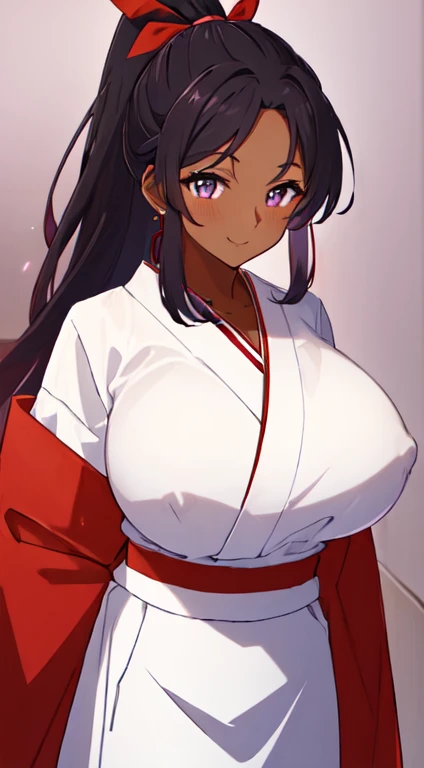 masterpiece, best quality, anime Illustration, 4k, 1 girl, solo, standing, long hair, black hair, violet eyes, high ponytail, red hair ribbon, red ribbon, red hakama and white kimono, thin fabric, nipples, big breasts, huge breasts, looking_at_viewer, motherly smile, upper_body, dark skin, ((Village background:1.0)), ((dark skin: 1.5)), , ((parted bangs: 1.4)), parted bangs, large forehead, purple eyes, red hakama