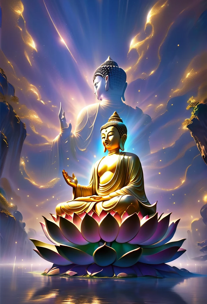 Western Elysium，The tall Buddha statue sits on a lotus throne，His face was solemn and calm，A ray of Tyndall light shone overhead，The body emits a golden glow，Colorful light fills the sky，The lotus flower shines gold，Peace and tranquility atmosphere，Exquisite and shocking scenes，Fantasy scenes，Overlooking the world