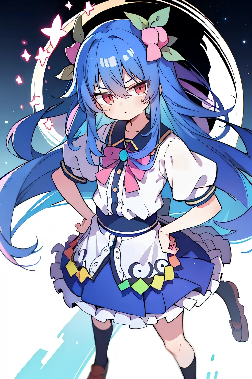 (masterpiece),best quality, expressive eyes, perfect face, 1girl,
 Put your hands on your waist,fair, Gorgeous,Japanese cartoons,girl,lola,Hina Angel, blue hair, blue haired, floating clothes,Grab your waist, Grab your waist, hands on hips , hands on hips,sit, sit on ground, Legs on the ground, flat chest,starry sky,Pink eyes,