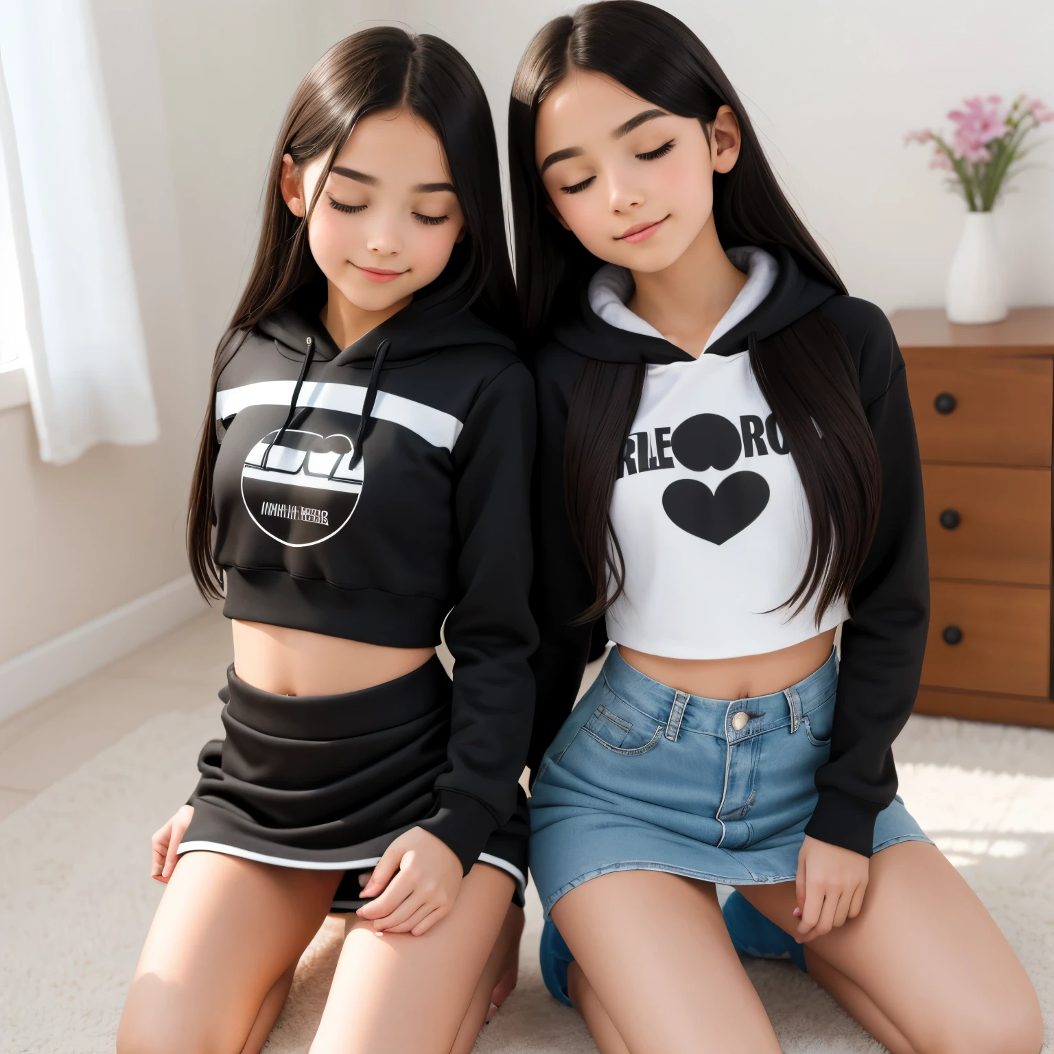 3 sweet innocent ten 18 year olds kneeling, bound, tied up, wearing crop top hoodies and short skirts, eyes closed in pleasure, orgasming face, beautiful girl, innocent and playful, real photography, modern look, silky dress or skirt with cutouts, skinny body, famous actress, beautiful face,