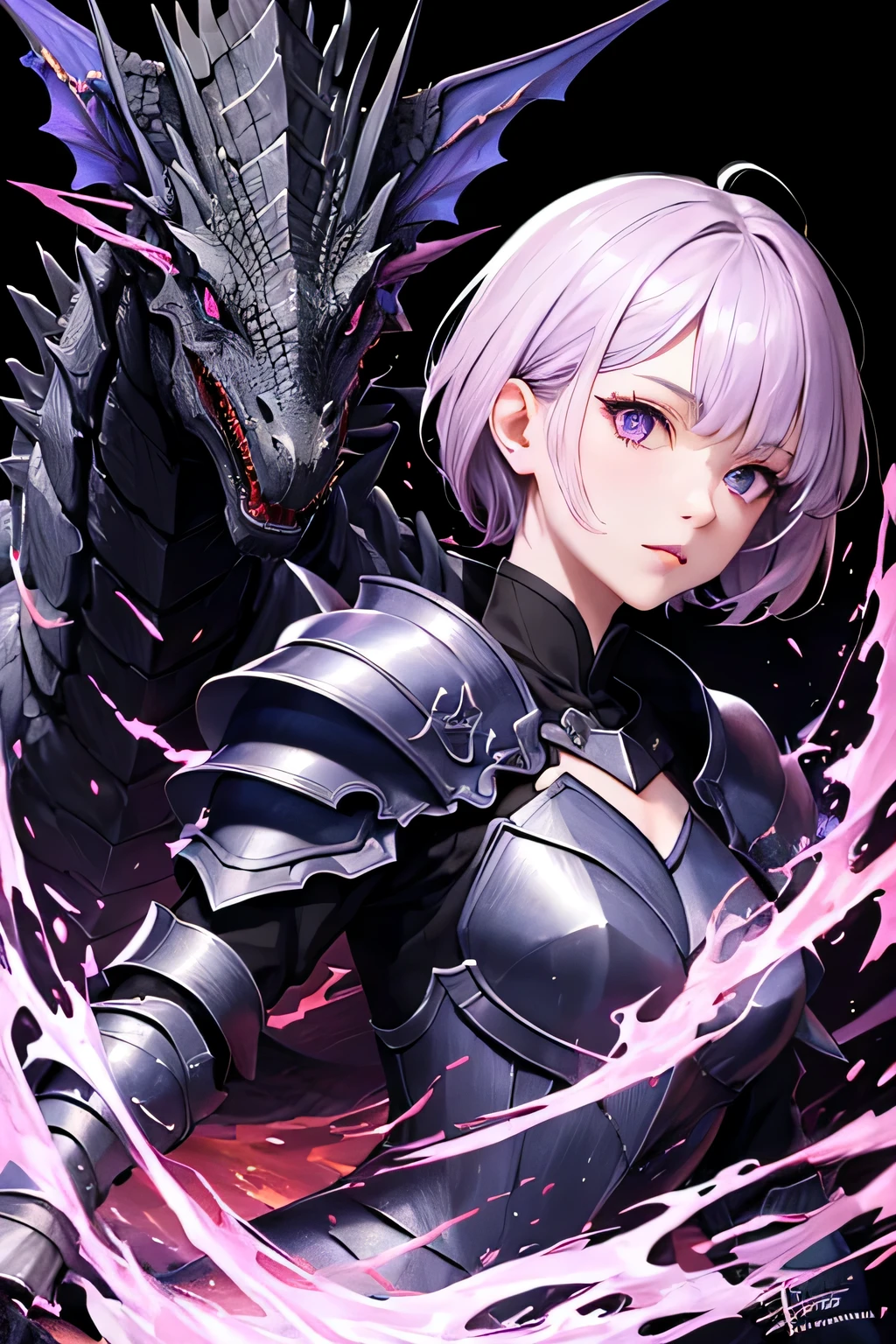 ((highest quality)), ((masterpiece)), (detailed), Perfect face, light purple hair,short hair,Sharp Claws,Sharp Armor,False,Black Dragon,Blue flames surround her,Purple eyes