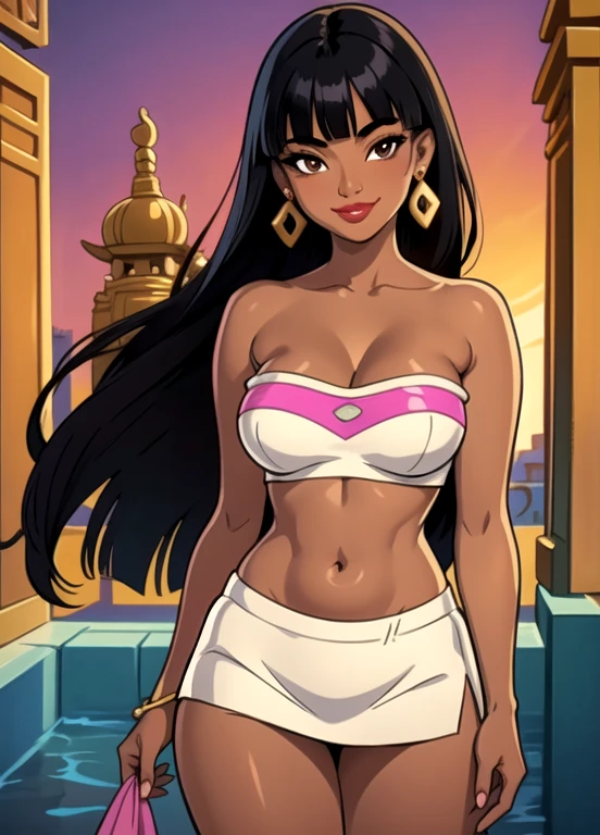 masterpiece, best quality, 1girl, solo, chel, black hair, long hair, blunt bangs, brown eyes, dark skin, lipstick, tube top, cleavage, bare shoulders, earrings, seductive smile, looking at viewer, temple background
