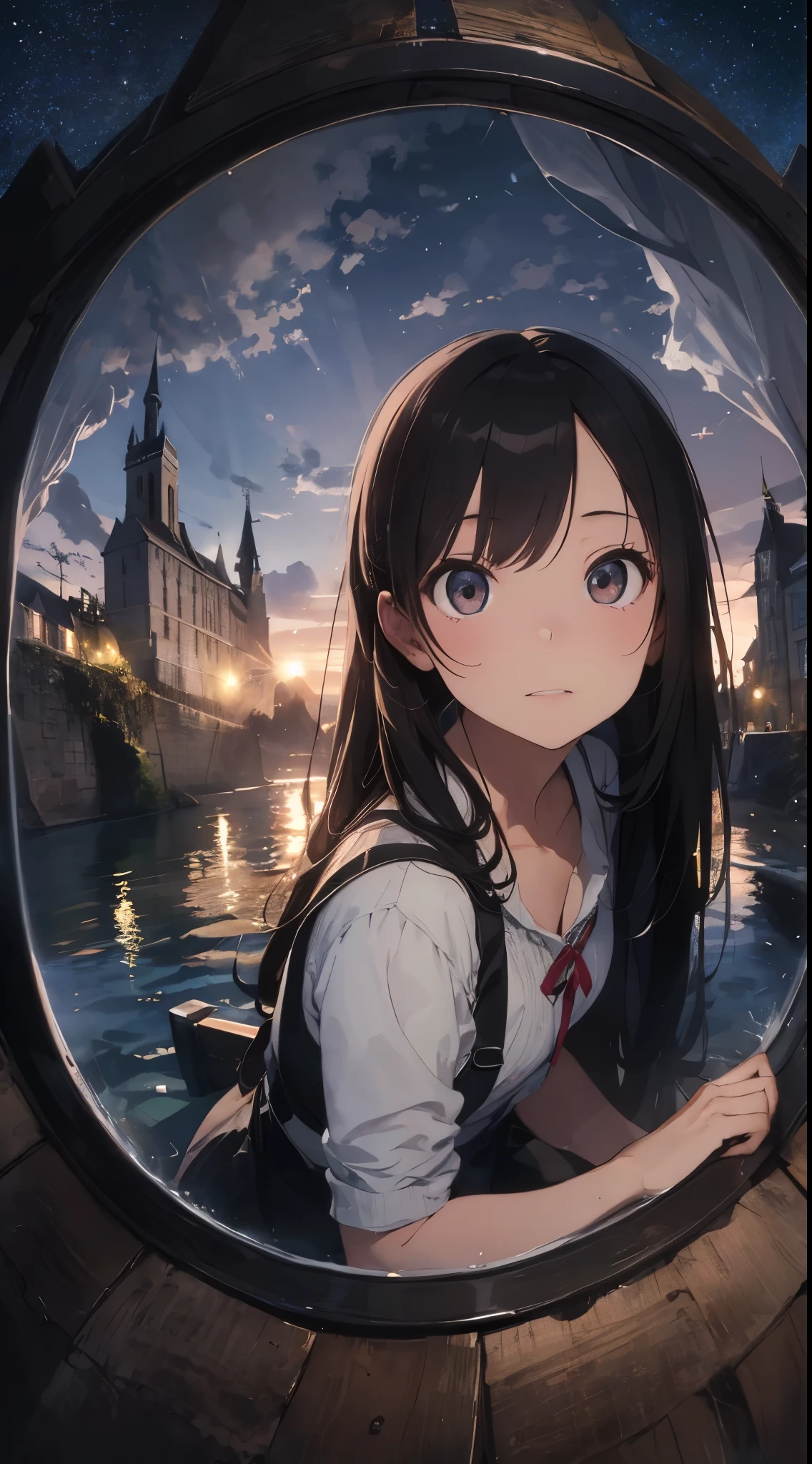 This work focuses on a girl's face using a fisheye lens.。Create a masterpiece image set in Mont Saint-Michel and its bay at night。The scene is enveloped in the soft glow of moonlight、Cast long shadows、Illuminate the ancient architecture of the monastery。This girl is beautiful and adorable。She was exploring the historic site, wide-eyed in surprise。 She wears traditional costume and、The fabric is painted with maximum realism.、Different textures are emphasized。Her skin is also rendered in great detail、Captures subtle changes in texture and color。 The bay around her is calm and、The surface of the water plays the role of a mirror、It reflects the moonlight and the silhouette of Mont Saint-Michel。Delicately depicting the reflection of the water surface、Captures subtle ripples and play of light。 The girl was looking up at the camera curiously.、Gives the impression that the viewer is looking down on her。This sense of perspective is、It can be achieved using the fisheye effect to distort the image to create a wide panoramic or hemispherical view。 The overall quality of the image must be of the highest standard、Emphasis on enhancing the quality of details。The final artwork is、With the innocence of the girl、Mont Saint-Michel and its timeless beauty at night will be a celebration of the bay。