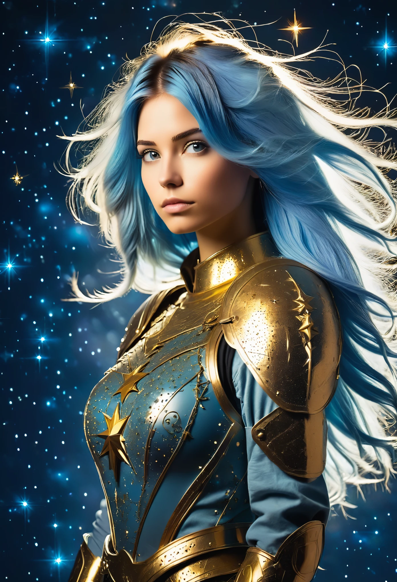 a stylized young caucasian woman warrior ((silhouette)) formed by bright stars. with straight long light blue messy hair. Straight hair. medieval golden intricate armor. Cosmic background.