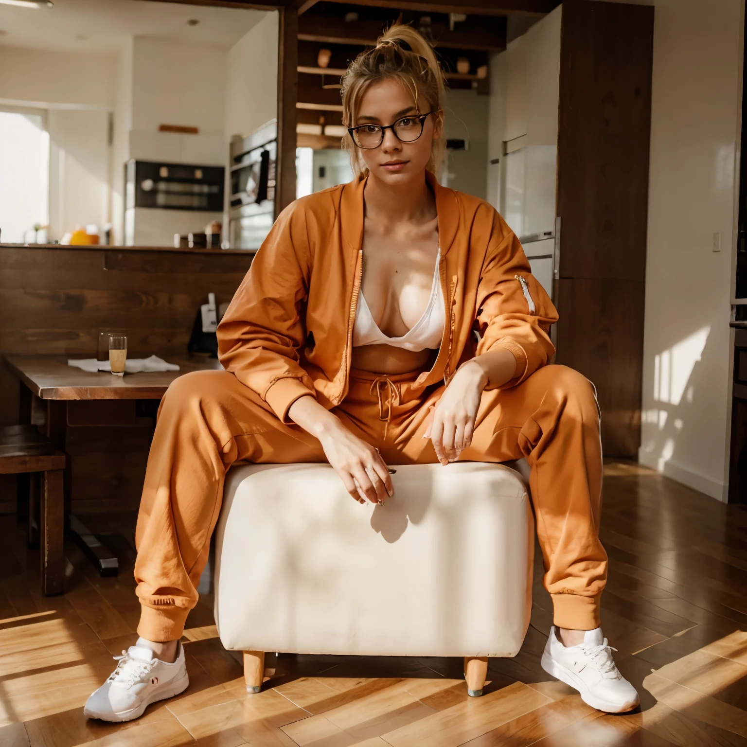 Beautiful blonde 26 years old woman, lolalove, pony tail, wearing orange bomber jacket, white loose t-shirt, natural morning light, realistic portrait, highly detailed, analog style, deep cleavage, large breast, full body, nerd glasses