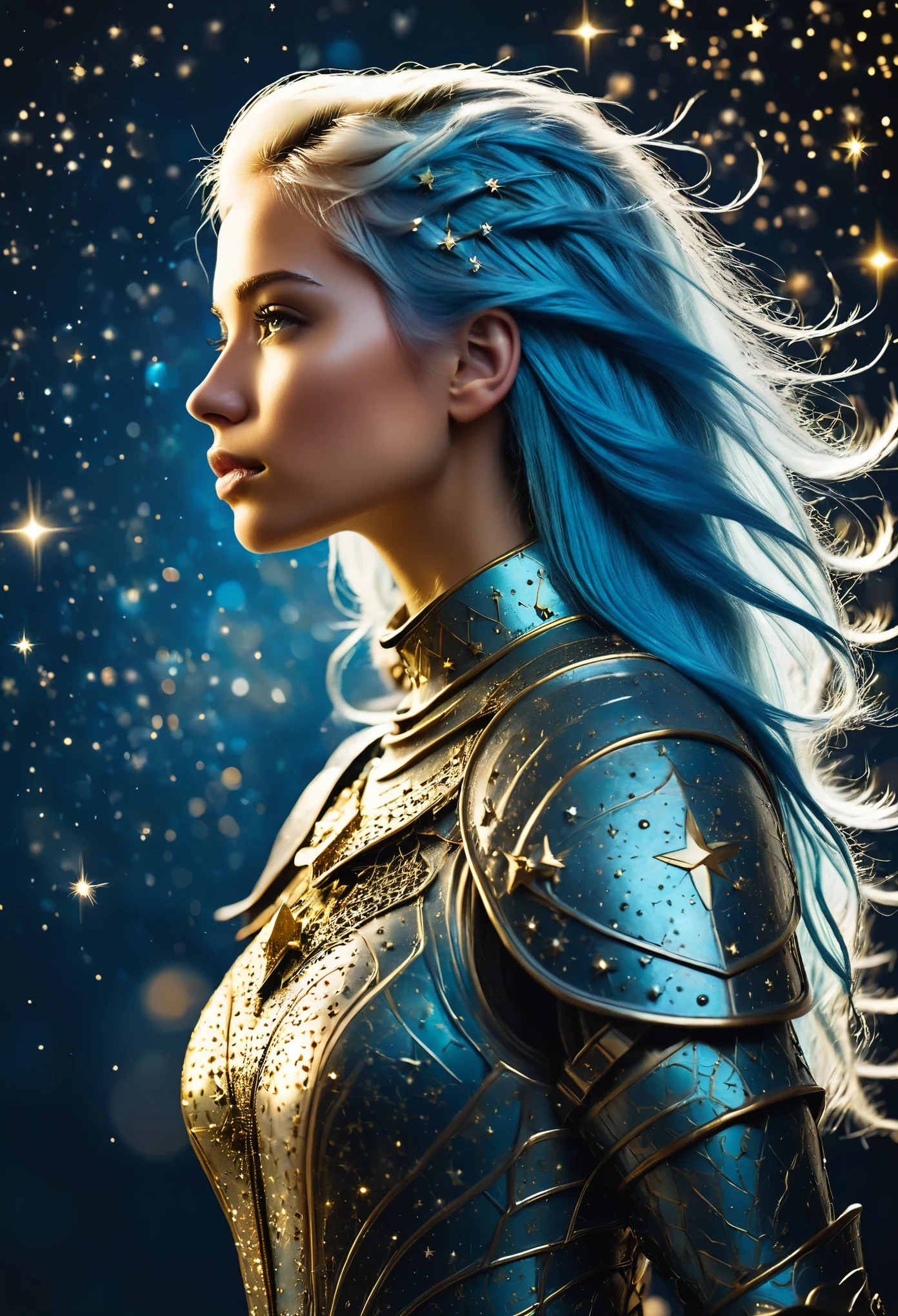 a stylized young caucasian woman warrior ((silhouette)) formed by bright stars. with straight long light blue messy hair. Straight hair. medieval golden intricate armor. Cosmic background.