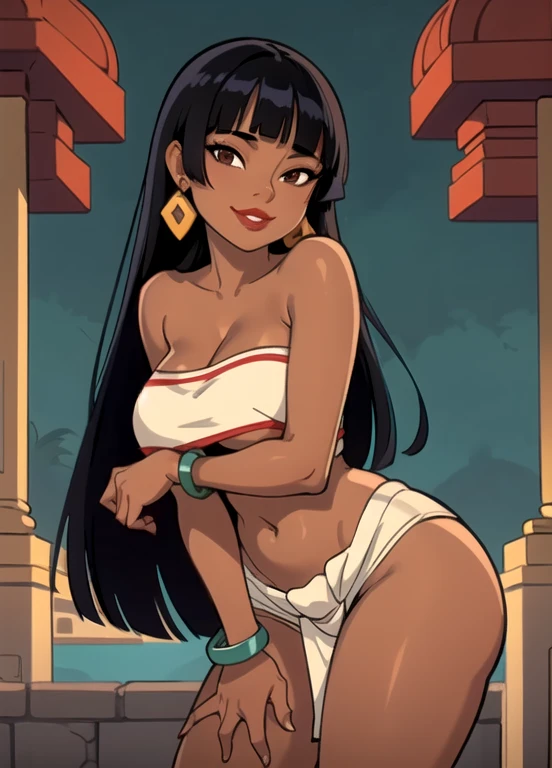 masterpiece, best quality, 1girl, solo, chel, black hair, long hair, blunt bangs, brown eyes, dark skin, lipstick, tube top, cleavage, bare shoulders, earrings, seductive smile, looking at viewer, temple background
