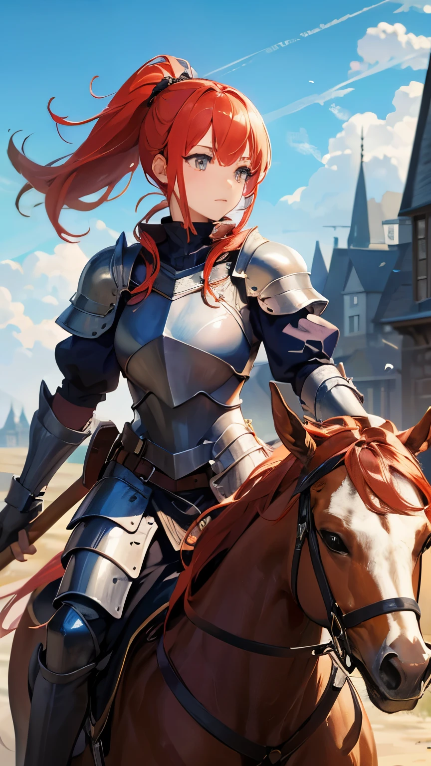 ((highest quality, 8k, masterpiece: 1.3)), Sharp focus, Beautiful woman with perfect body, Highly detailed face and skin texture, fine grain, double eyelid, sexy, ((Wearing metal armor))、Raccoon Ears、Redhead、Woman warrior、Jousting、horse riding、((On horseback, holding a spear at his side))、Fantasy novels、ponytail、Glare at the enemy、(Riding a horse)