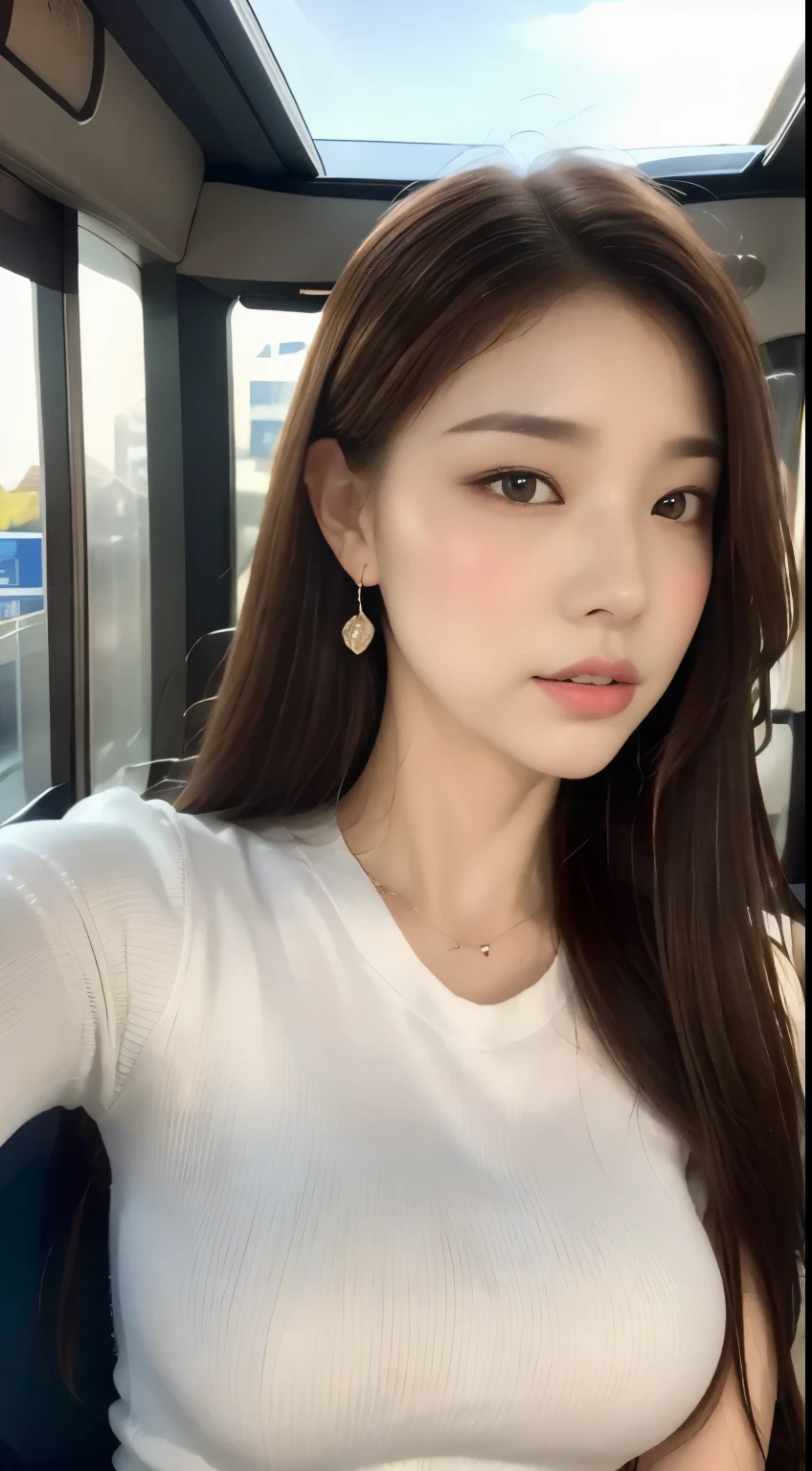 ((highest quality, 8k, masterpiece :1.3)), One girl, Selfie, close, Asking for a kiss:1.2, Slim face, Beautiful woman, (Dark brown hair), Big Breasts:1.3,White T-shirt, Highly detailed face, Fine grain, double eyelid, Blur the background, Slim face, city, In the bus, street, sunny, null, nature