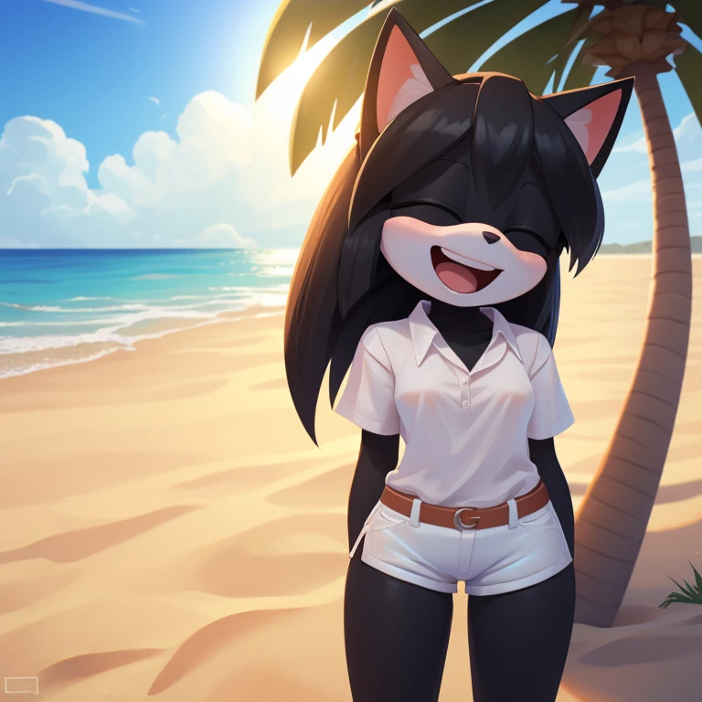 mobian cat, black fur, short hair, black hair, beach, female, 1girl, portrait, laughing, closed eyes, palm tree, grass, sand, standing, small breasts, silk shirt, white shirt, white shorts, arm behind back, Masterpiece, high quality, studio quality, intricate details, 4k, solo