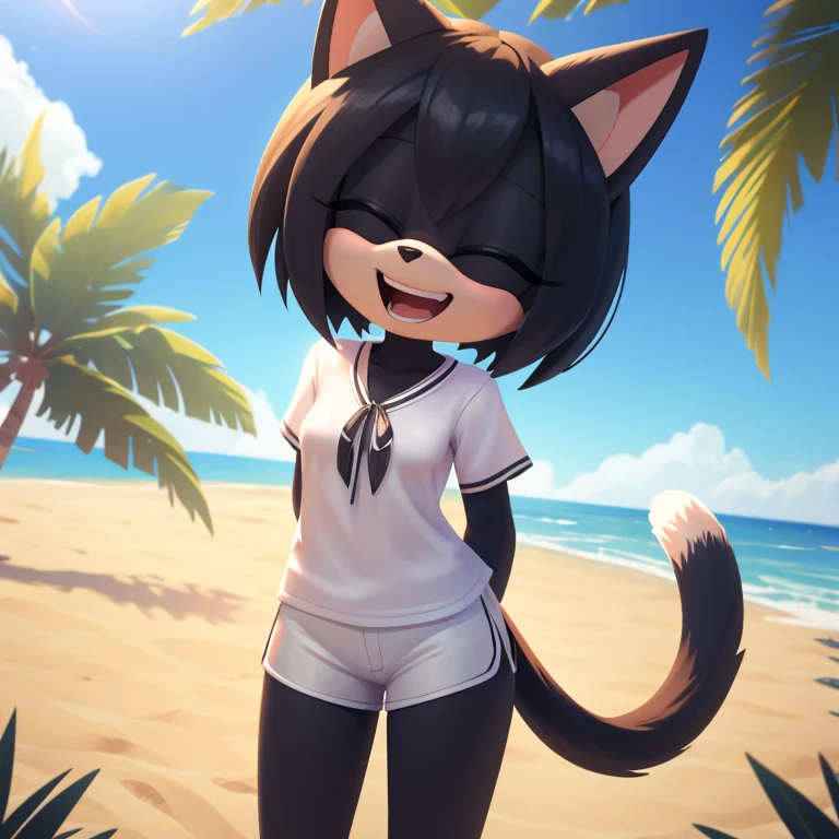 mobian cat, black fur, short hair, black hair, beach, female, 1girl, portrait, laughing, closed eyes, palm tree, grass, sand, standing, small breasts, silk shirt, white shirt, white shorts, arm behind back, Masterpiece, high quality, studio quality, intricate details, 4k, solo