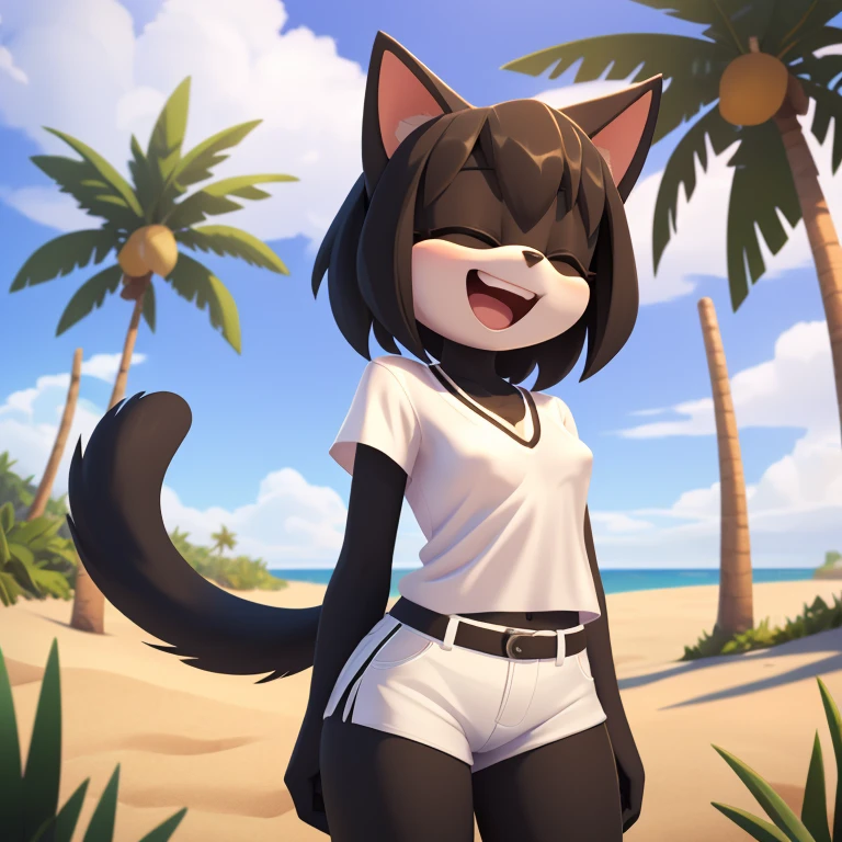 mobian cat, black fur, short hair, black hair, beach, female, 1girl, portrait, laughing, closed eyes, palm tree, grass, sand, standing, small breasts, silk shirt, white shirt, white shorts, arm behind back, Masterpiece, high quality, studio quality, intricate details, 4k, solo