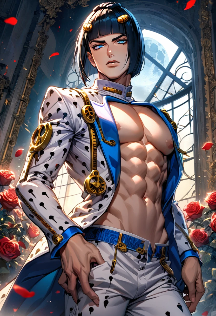 Ultra detailed, highres, absurdres, HDR, Bruno Bucciarati, black chin-length hair with straight-cut bangs, his hair is adorned with golden clip surmounted on each side of his bangs, blue eyes, JoJo bizarre adventure, window, roses and petals, chains, moon, sexy man, solo, extremely handsome, white pants, toned chest,