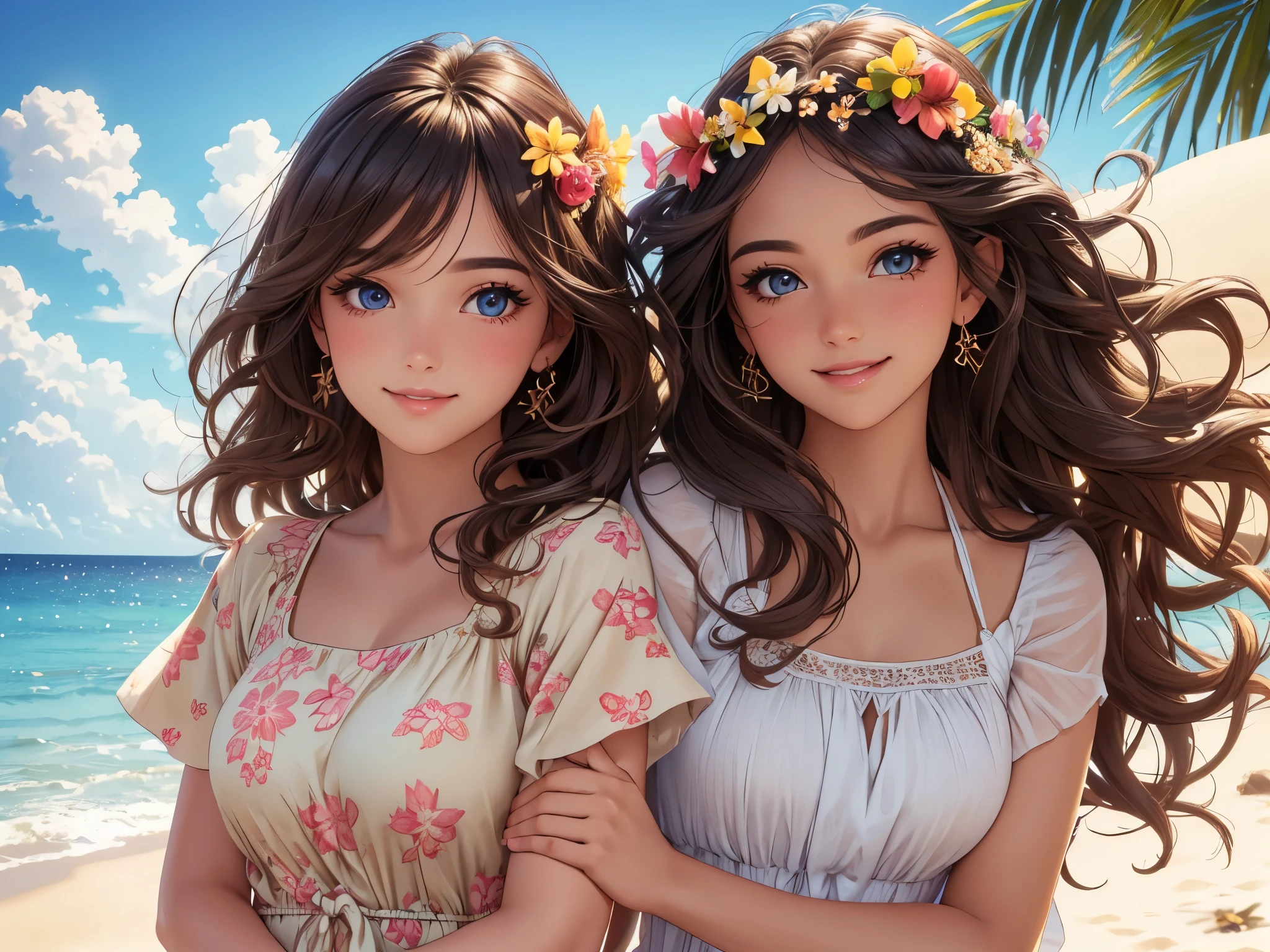 (best quality,4k,8k,highres,masterpiece:1.2),ultra-detailed,beautiful detailed eyes,beautiful detailed lips,extremely detailed eyes and face,long eyelashes,beautiful,
vivid colors,ultra-fine painting,sharp focus,physically-based rendering,warm tones,natural lighting,sun-kissed,wavy hair,summer,sexy,seaside,happy expression,bronzed skin,floral dress,beach background,joyful,relaxed,eyes sparkling with happiness.
