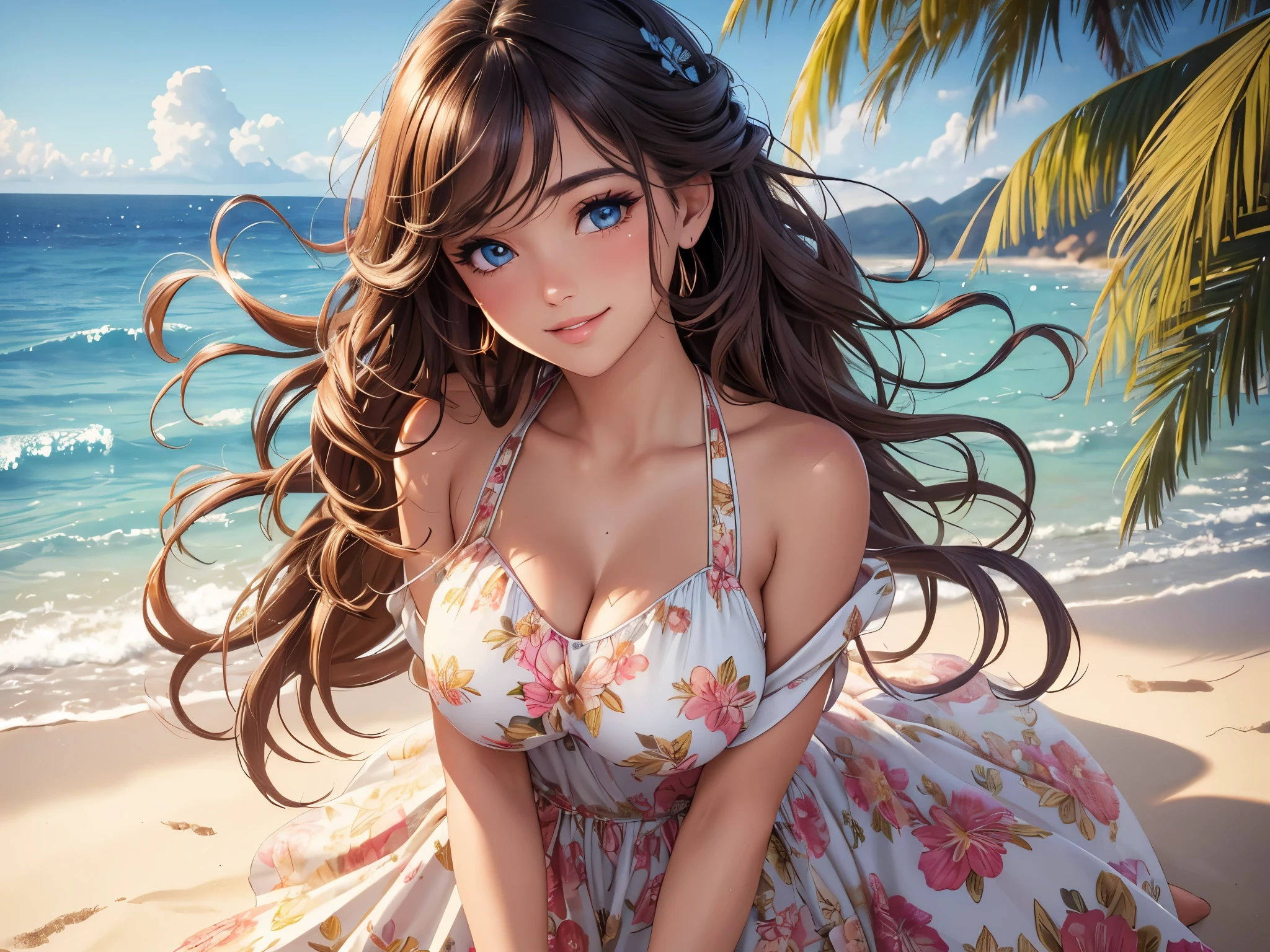 (best quality,4k,8k,highres,masterpiece:1.2),ultra-detailed,beautiful detailed eyes,beautiful detailed lips,extremely detailed eyes and face,long eyelashes,beautiful,
vivid colors,ultra-fine painting,sharp focus,physically-based rendering,warm tones,natural lighting,sun-kissed,wavy hair,summer,sexy,seaside,happy expression,bronzed skin,floral dress,beach background,joyful,relaxed,eyes sparkling with happiness.