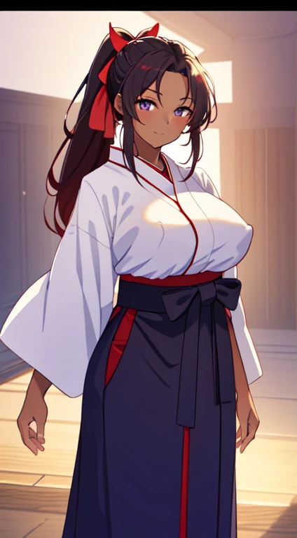 masterpiece, best quality, anime Illustration, 4k, 1 girl, solo, standing, long hair, black hair, violet eyes, high ponytail, red hair ribbon, red ribbon, red hakama and white kimono, thin fabric, nipples, erect nipples, big breasts, huge breasts, looking_at_viewer, motherly smile, upper_body, dark skin, ((Village background:1.0)), ((dark skin: 1.5)), , ((parted bangs: 1.4)),  parted bangs, large forehead, purple eyes, red hakama