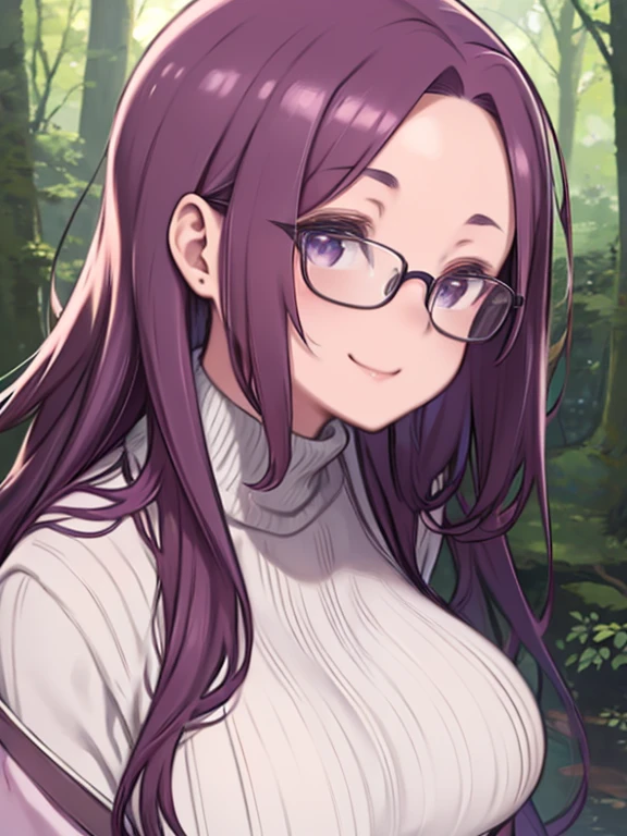 masterpiece, highest quality、Super Detail、Close-up of face、Beautiful eyes、1　Mature Woman、(kagamihara sakura)、Purple Hair、Wavy Hair、long hair、Glasses、The forehead is visible、Big Breasts、Huge breasts、Turtleneck sweater、Thick jacket、in the forest、Watching the audience、Smiling、
