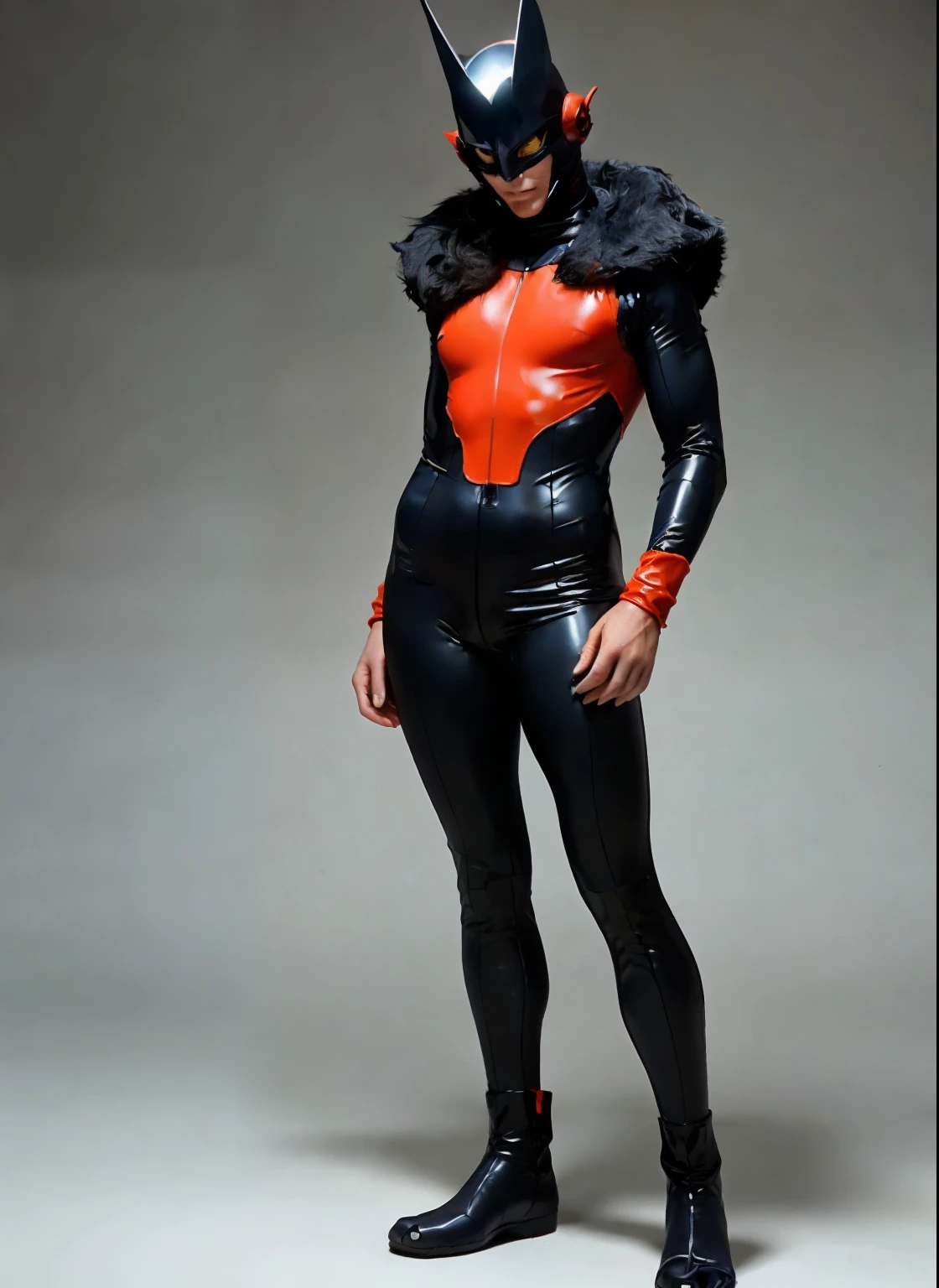 plush fur lined collar, perfect proportions, anatomically correct, (head to toe: 2.0), (full body image: 2.0), 1girls, solo, (Casshern: 1.6), extremely stylized, deviant art, masterpiece, highly detailed, bright eyes, ((wide hips)), detailed eyes, expressive detailed eyes, wide eyed, detailed pupils, futuristic, ((1950s scifi helmet)), ((pointy helmet)), Rubber Gloss, blush, (rubber skinsuit:1.4), fur lined white boots, blush, small breasts, lots of freckles, super textured detailed skin, entire body image, full body shot, nvinkpunk, professional photograph of alexander_skarsgard, tassles, large beads, navy blue orange and white, ((crouching)), cyberpunk, inkpunk