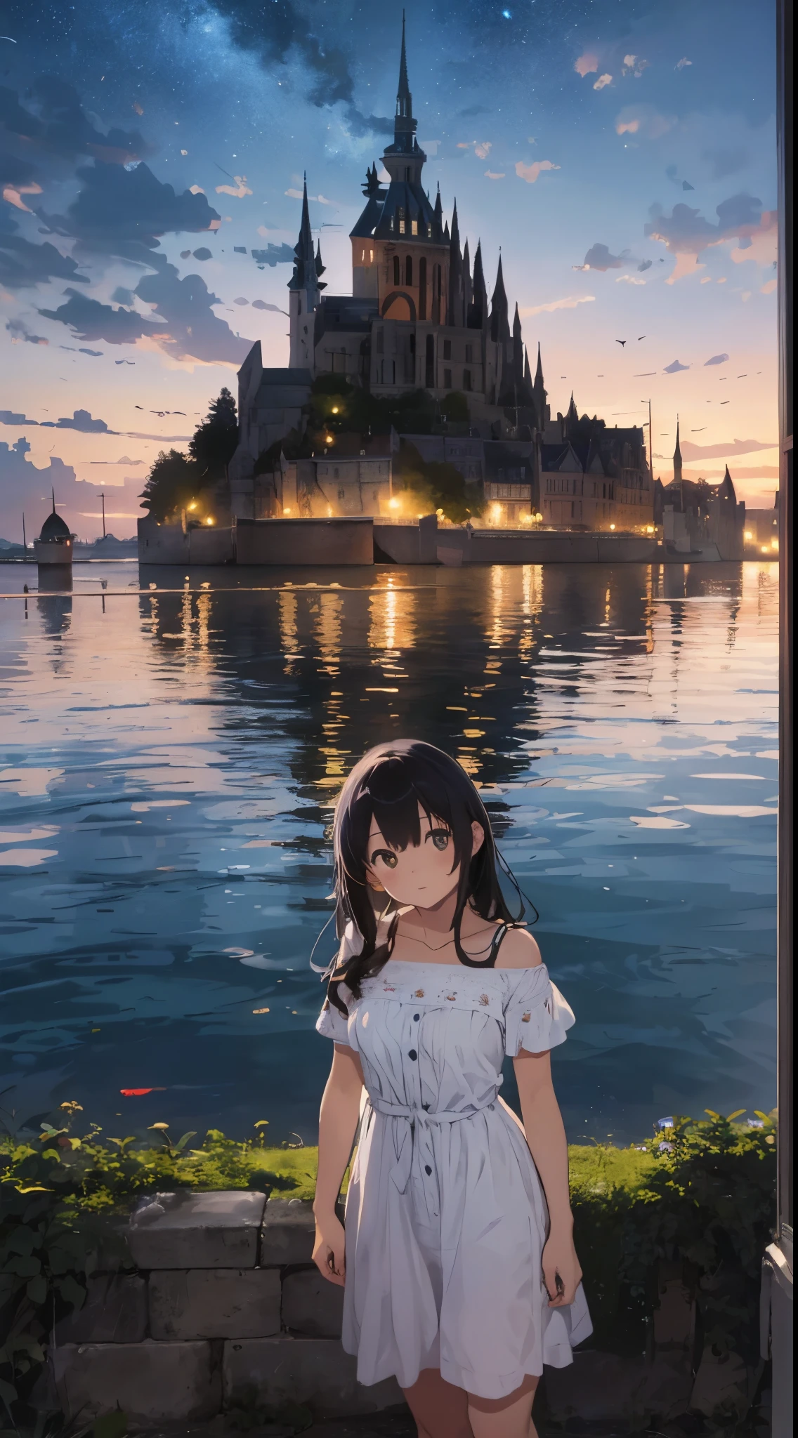 Create a masterpiece image set in Mont Saint-Michel and its bay at night。The scene is enveloped in the soft glow of moonlight、Cast long shadows、Illuminate the ancient architecture of the monastery。This girl is beautiful and adorable。She was exploring the historic site, wide-eyed in surprise。 She wears traditional costume and、The fabric is painted with maximum realism.、Different textures are emphasized。Her skin is also rendered in great detail、Captures subtle changes in texture and color。 The bay around her is calm and、The surface of the water plays the role of a mirror、It reflects the moonlight and the silhouette of Mont Saint-Michel。Delicately depicting the reflection of the water surface、Captures subtle ripples and play of light。 The girl was looking up at the camera curiously.、Gives the impression that the viewer is looking down on her。This sense of perspective is、It can be achieved using the fisheye effect to distort the image to create a wide panoramic or hemispherical view。 The overall quality of the image must be of the highest standard、Emphasis on enhancing the quality of details。The final artwork is、With the innocence of the girl、Mont Saint-Michel and its timeless beauty at night will be a celebration of the bay。