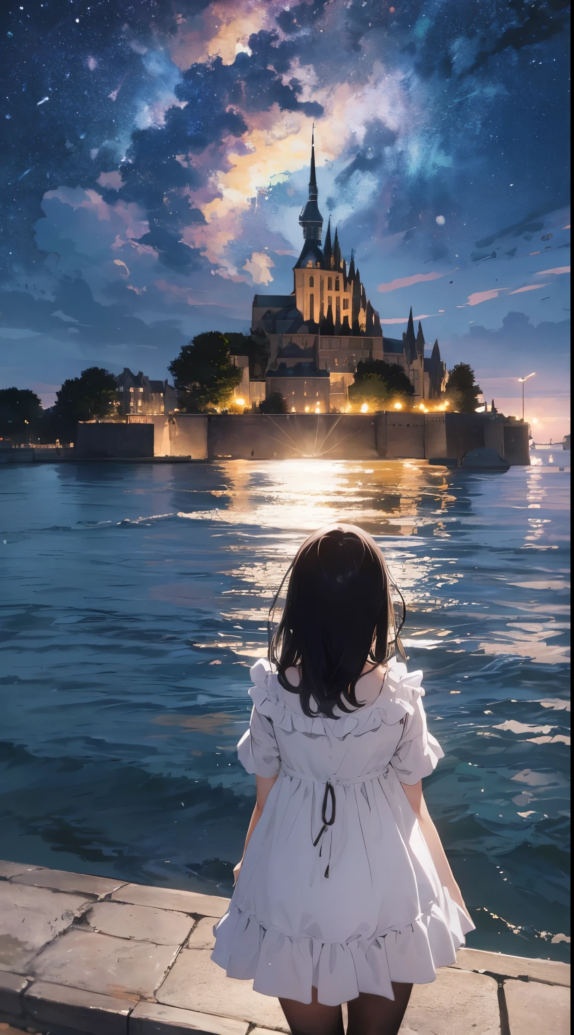 Create a masterpiece image set in Mont Saint-Michel and its bay at night。The scene is enveloped in the soft glow of moonlight、Cast long shadows、Illuminate the ancient architecture of the monastery。This girl is beautiful and adorable。She was exploring the historic site, wide-eyed in surprise。 She wears traditional costume and、The fabric is painted with maximum realism.、Different textures are emphasized。Her skin is also rendered in great detail、Captures subtle changes in texture and color。 The bay around her is calm and、The surface of the water plays the role of a mirror、It reflects the moonlight and the silhouette of Mont Saint-Michel。Delicately depicting the reflection of the water surface、Captures subtle ripples and play of light。 The girl was looking up at the camera curiously.、Gives the impression that the viewer is looking down on her。This sense of perspective is、It can be achieved using the fisheye effect to distort the image to create a wide panoramic or hemispherical view。 The overall quality of the image must be of the highest standard、Emphasis on enhancing the quality of details。The final artwork is、With the innocence of the girl、Mont Saint-Michel and its timeless beauty at night will be a celebration of the bay。