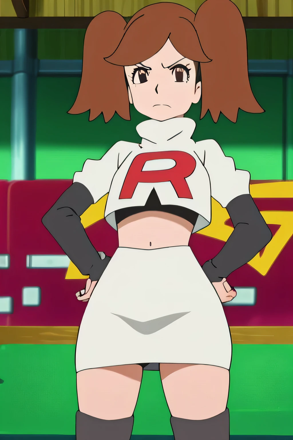 masterpiece,best quality,high res,high quality,8k, masterpiece,highres, team rocket uniform, red letter r, white skirt,white crop top,black thigh-high boots, black elbow gloves, glaring angrily, looking down at viewer, hands on hips, cowboy shot, zettai ryouiki,spread legs,from below, black panties,anime style, vivid colors, sharp focus, intense lighting,namida suzameno,two braids,brown hair,brown eyes