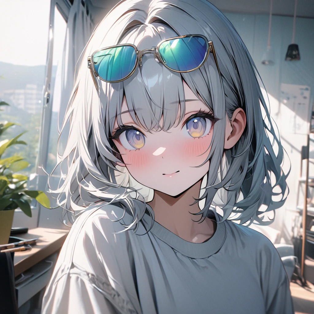 (POV eyewear view),(1 girl),masterpiece, best quality, high quality, detailed, ultra detailed, hyper detailed,highres, absurdres, background photo, white background, in the room, kawaii, cute, UwU, beautiful, hazy atmosphere, upper body, from front, front view, [light silver and light azure, light yellow and light emerald, silver and azure, (light yellow and light silver eyes), (light white and light silver),hair] Solo focus