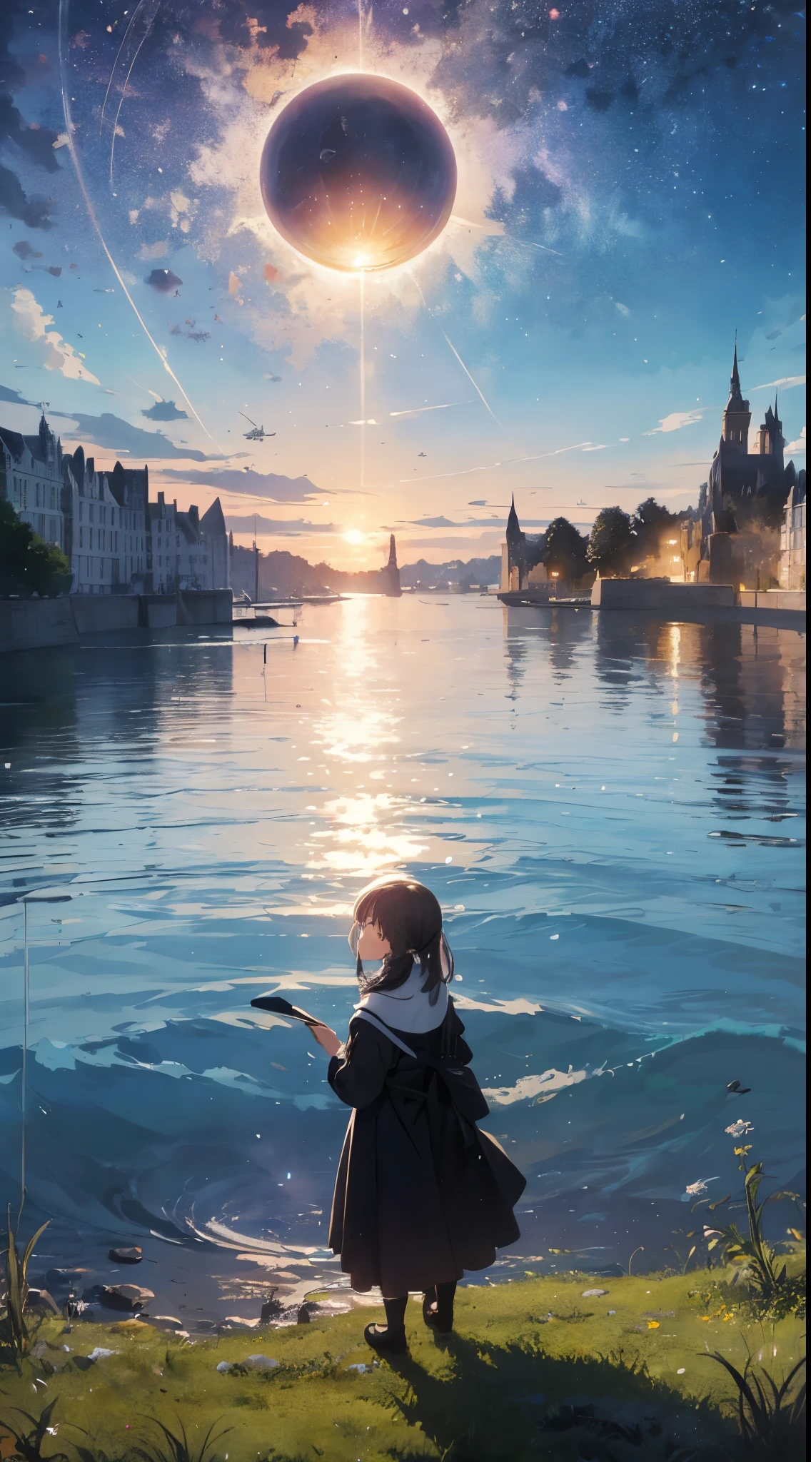 Create a masterpiece image set in Mont Saint-Michel and its bay at night。The scene is enveloped in the soft glow of moonlight、Cast long shadows、Illuminate the ancient architecture of the monastery。This girl is beautiful and adorable。She was exploring the historic site, wide-eyed in surprise。 She wears traditional costume and、The fabric is painted with maximum realism.、Different textures are emphasized。Her skin is also rendered in great detail、Captures subtle changes in texture and color。 The bay around her is calm and、The surface of the water plays the role of a mirror、It reflects the moonlight and the silhouette of Mont Saint-Michel。Delicately depicting the reflection of the water surface、Captures subtle ripples and play of light。 The girl was looking up at the camera curiously.、Gives the impression that the viewer is looking down on her。This sense of perspective is、It can be achieved using the fisheye effect to distort the image to create a wide panoramic or hemispherical view。 The overall quality of the image must be of the highest standard、Emphasis on enhancing the quality of details。The final artwork is、With the innocence of the girl、Mont Saint-Michel and its timeless beauty at night will be a celebration of the bay。