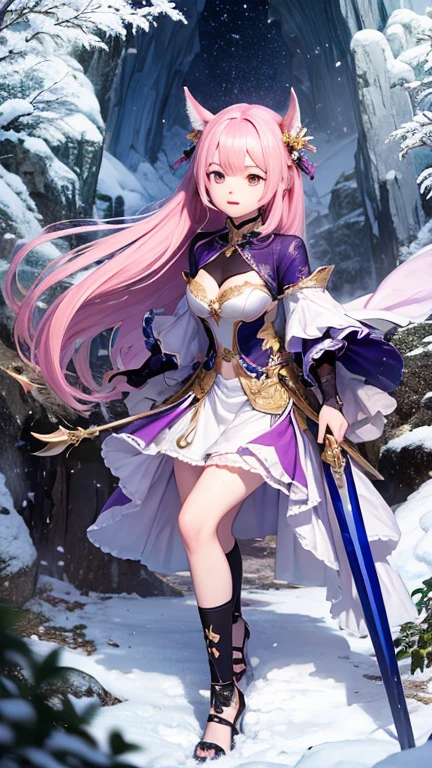 Extremely detailed, perfection, aerial photograph, Like a work of art, Anime girl with ice and snow sword, Her pink hair and long purple skirt complement each other well.., Ayaka Genshin gazing into the distance, Leading to the world of Genshin.