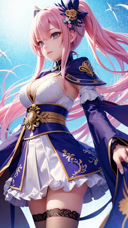 Extremely detailed, perfection, aerial photograph, Like a work of art, Anime girl with ice and snow sword, Her pink hair and long purple skirt complement each other well.., Ayaka Genshin gazing into the distance, Leading to the world of Genshin.