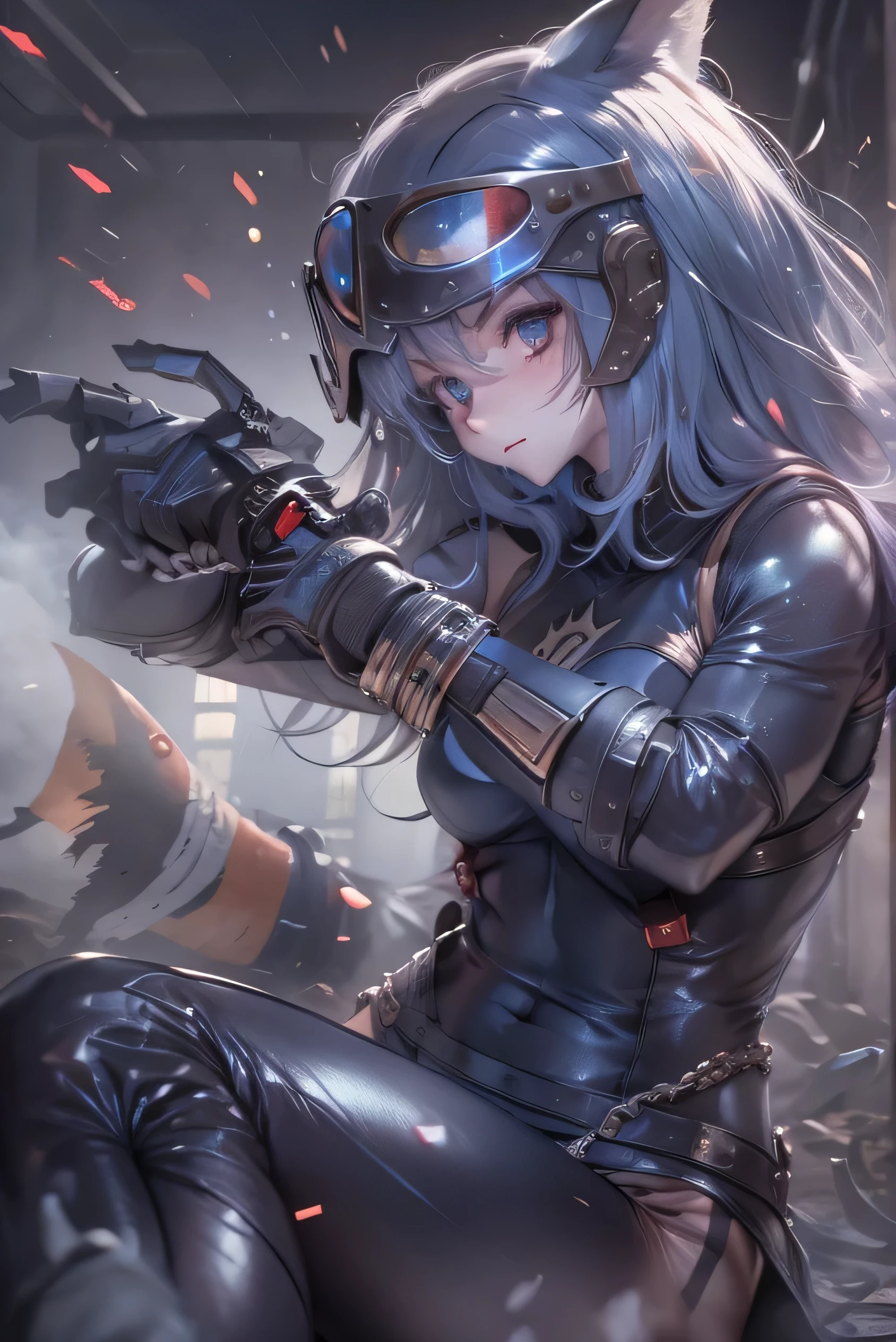 Shark themed helmet。woman。She is wearing a black latex suit。Impressive decor。Double-handed sword。Her image color is purple。