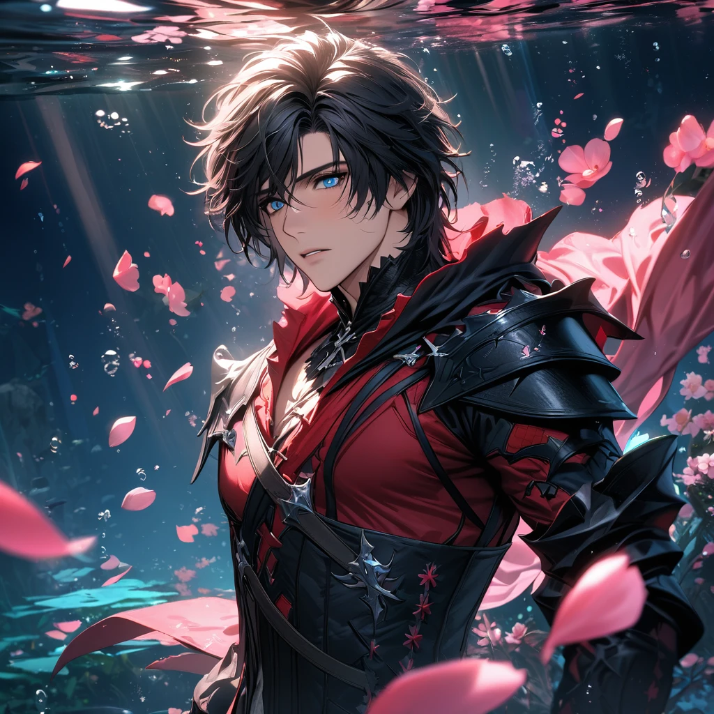 absurdres, highres, ultra detailed, HDR, master piece, best quality, Clive Rosfield, black hair, expressive blue eyes, Final Fantasy XVI, sexy man, solo, handsome, black and red clothes, pink petals, underwater, pink flowers, pink butterflies, blossoms
