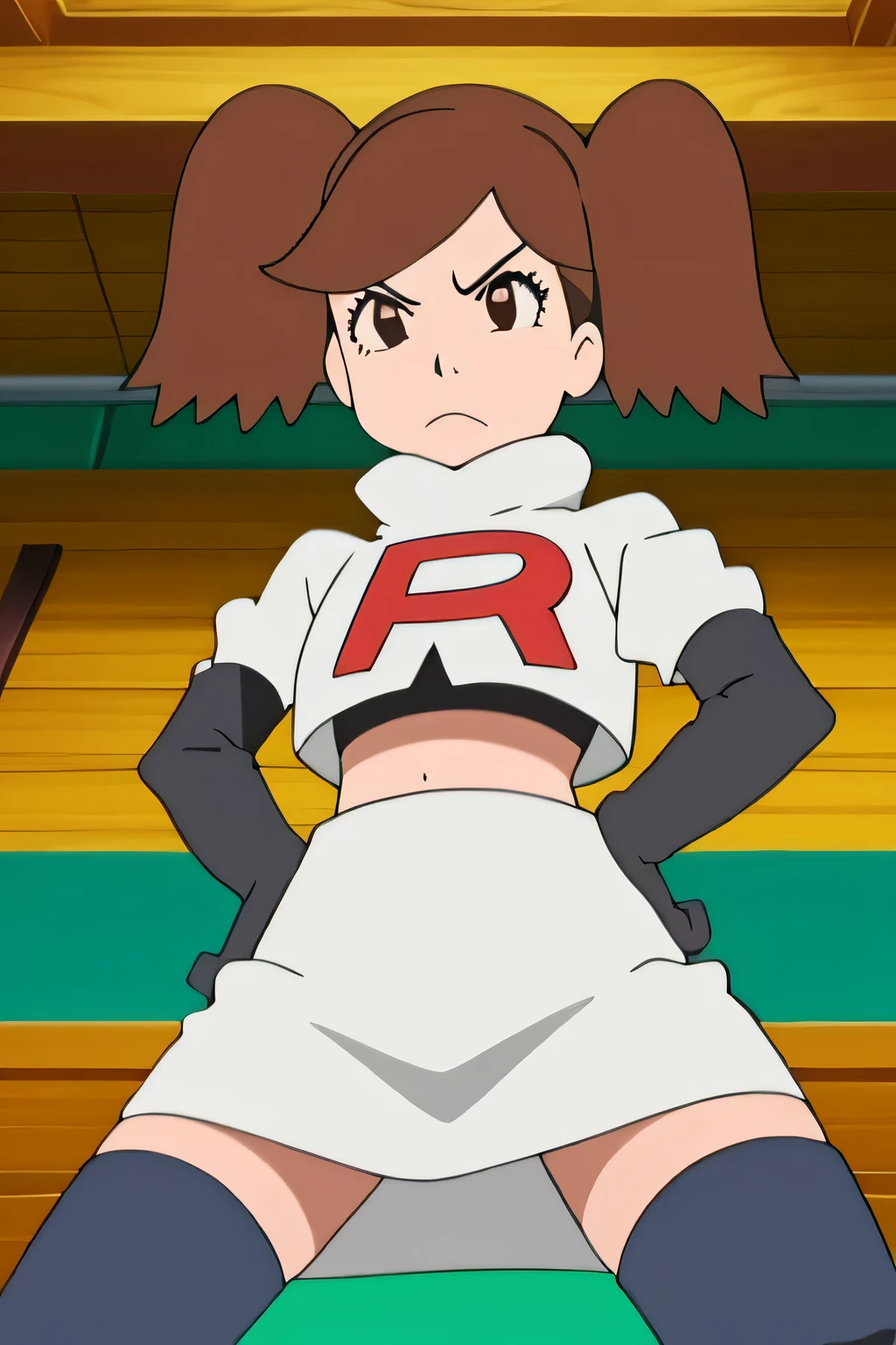 masterpiece,best quality,high res,high quality,8k, masterpiece,highres, team rocket uniform, red letter r, white skirt,white crop top,black thigh-high boots, black elbow gloves, glaring angrily, looking down at viewer, hands on hips, cowboy shot, zettai ryouiki,spread legs,from below, black panties,anime style, vivid colors, sharp focus, intense lighting,namida suzameno,two braids,brown hair,brown eyes