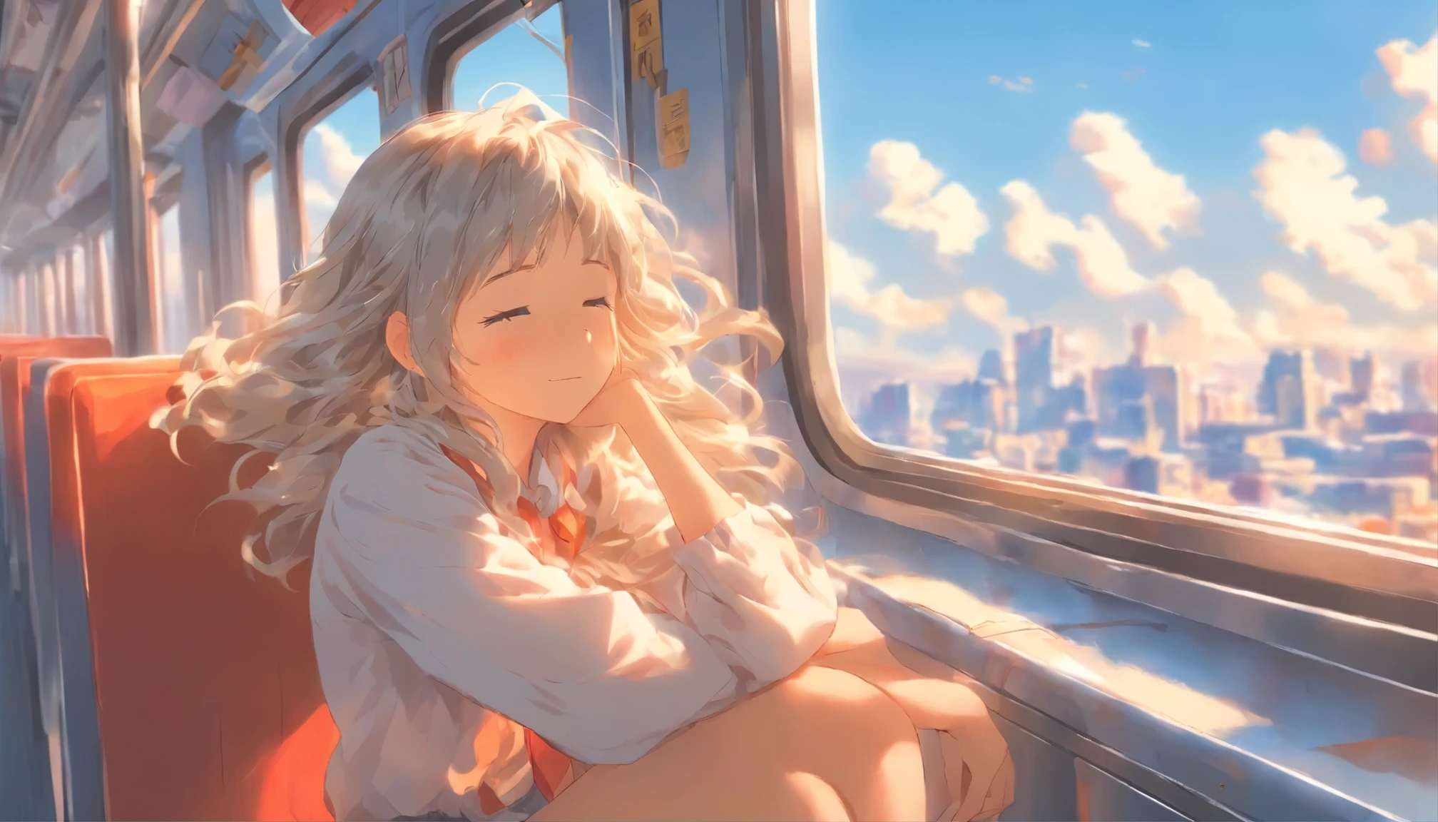 Girl sitting on train、solo、long silver hair、Sleeping with closed eyes、Blue sky at daytime、Masterpiece、Delicate illustration with super details、