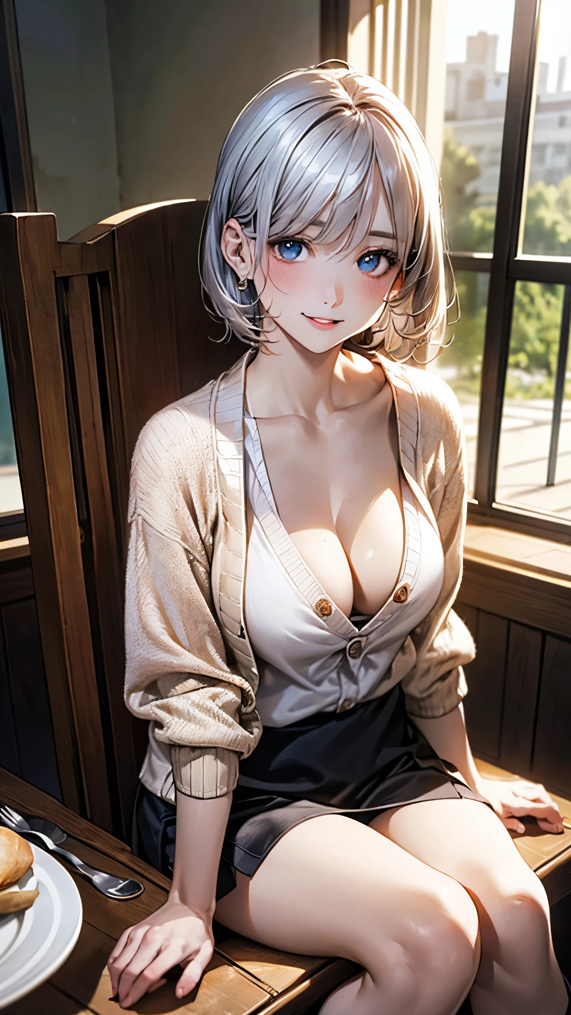 (masterpiece:1.2, top-quality), (realistic, photorealistic:1.4), beautiful illustration, (natural side lighting, movie lighting), nsfw,
looking at viewer, (face focus, upper body), cowboy shot, 1 girl, japanese, high school girl, perfect face, (perfect anatomy:1.4), cute and symmetrical face, white skin, shiny skin,
(short hair:1.2, straight hair:1.2, silver hair), bangs, blue eyes, big eyes, long eye lasher, (large breasts), slender,
beautiful hair, beautiful face, beautiful detailed eyes, beautiful clavicle, beautiful body, beautiful chest, beautiful thigh, beautiful legs, beautiful hands,
(detailed cloth texture, open cardigan, beige long cardigan, dark brown duffel coat, white knit sweater, black tight skirt),
(beautiful scenery), winter, evening, (dining room, dinner is lined up on the dining table, window), sitting chair, (lovely smile, upper eyes, parted lips),