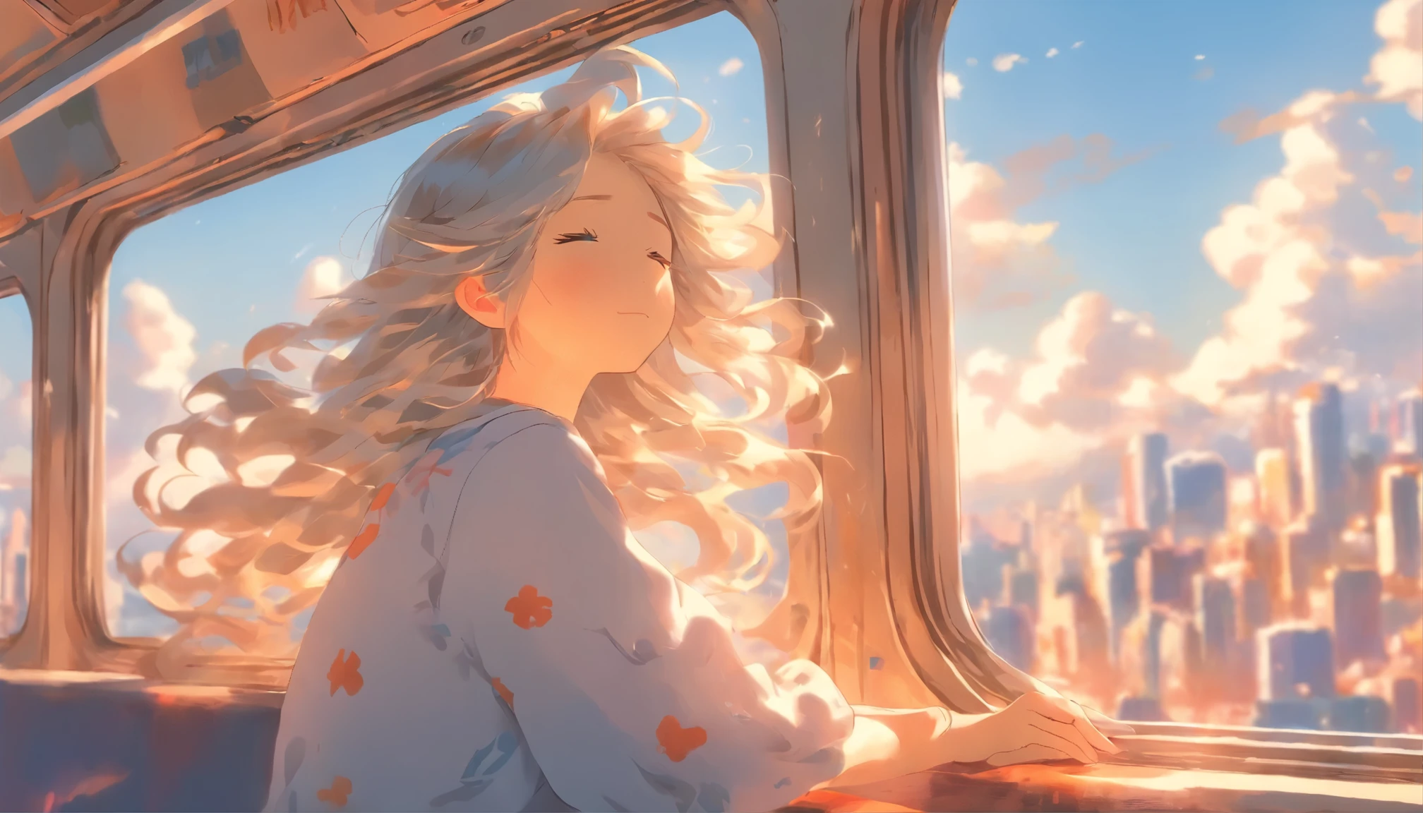 Girl sitting on train、solo、long silver hair、Sleeping with closed eyes、Blue sky at daytime、Masterpiece、Delicate illustration with super details、