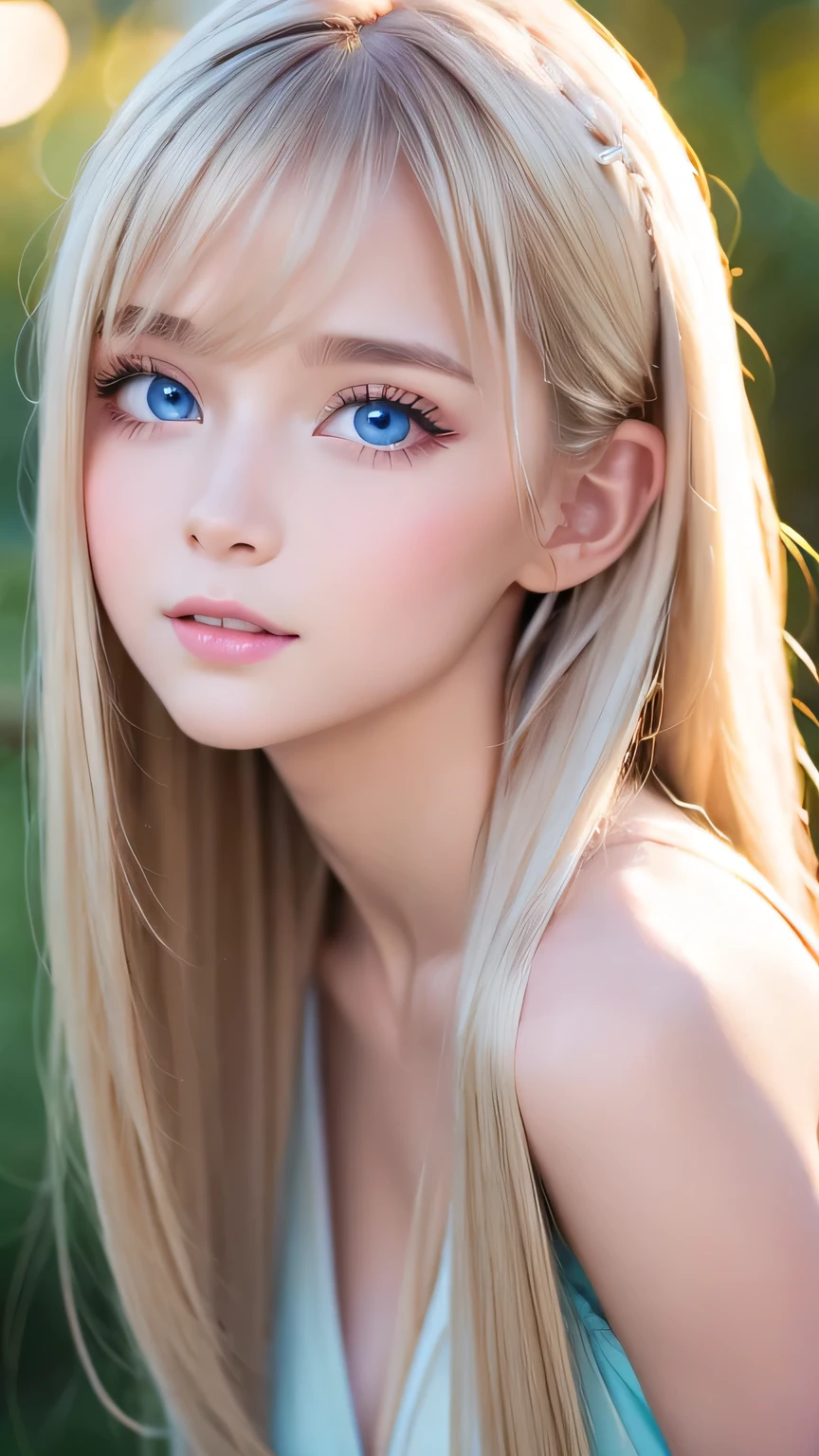 Very beautiful shiny pretty face、Beautiful shiny white skin、Glowing cheek highlight、Beautiful cute sexy pale blue eyes、hair over eyes、hair over one eye、hair between eyes、Big double eyelid eyes、Beautiful very long shiny silky pale blonde straight hair、Sexy 15 years old、A cute beautiful girl with long bangs、The most beautiful girls in the world in the West、Round face、Adorable appearance、