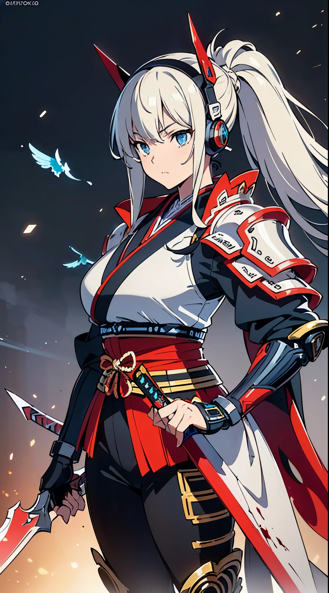 (Dynamic pose:1.3)、(Cyber Headphones:1.3)、Beautiful woman,(((head shot:1.5)))、(((samurai kimono)))、 (((Mechanical Samurai、Machinery Armor))), ((Perfect figure, Beautiful Face, Beautiful Face, Ponytail Hairstyles, Beautiful Skin, Very detailed髪, Finer details)), (Completely android woman)、(((Cinema Lighting, Beautiful lighting effects, Creative Design, Full Body Frame, Divine Aura, hard Harmony , Perfect color change, Perfect contrast balance, Perfect color layers, Perfectly smooth color bleeding, Soft Rendering, smooth color strokes, Optical Lenses, Soft colors, Smooth color blending, Perfect color expression, Harmony, perfect color Harmony, Beautiful colors, soft Harmony, Particles of light, Perfect detail, Intricate details, color prism, Finer details, Finer details))), super high quality, Very detailed,Perfect drawing,alone, beautiful girl, masterpiece, (mecha musume), Machinery Armor, headgear, Mechanical Wing, brandishing a sword、Samurai with a huge gun, Black ponytail, Her hair is tied with a big red ribbon, Equipped with two Japanese swords ((extra large cool samurai_Sword in hand, Huge and cool weapon machine)), Open Stance, Action pose,purgatory , ((highest quality))),8k,((masterpiece)),(Very sophisticated and beautiful)