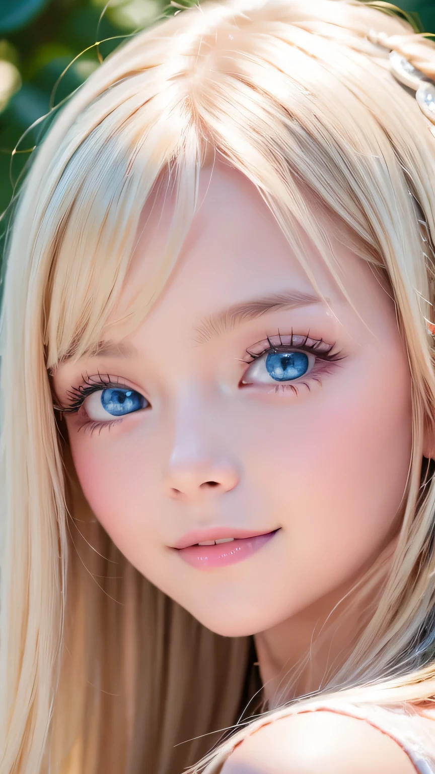 Very beautiful shiny pretty face、Beautiful shiny white skin、Glowing cheek highlight、Beautiful cute sexy pale blue eyes、hair over eyes、hair over one eye、hair between eyes、Big double eyelid eyes、Beautiful very long shiny silky pale blonde straight hair、Sexy 15 years old、A cute beautiful girl with long bangs、The most beautiful girls in the world in the West、Round face、Adorable appearance、