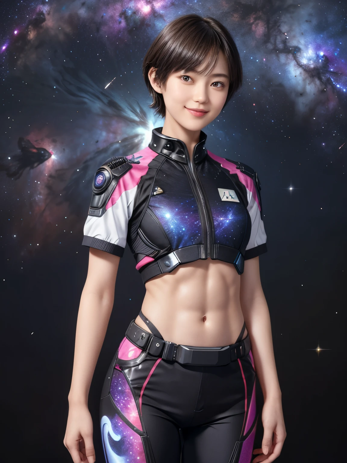 214 Short Hair, 20-year-old woman, A kind smile, Floral, Futuristic clothing, machinery suit, ((Clothes that show abs、Clothes with short sleeves)), (The background is a galaxy and nebula)