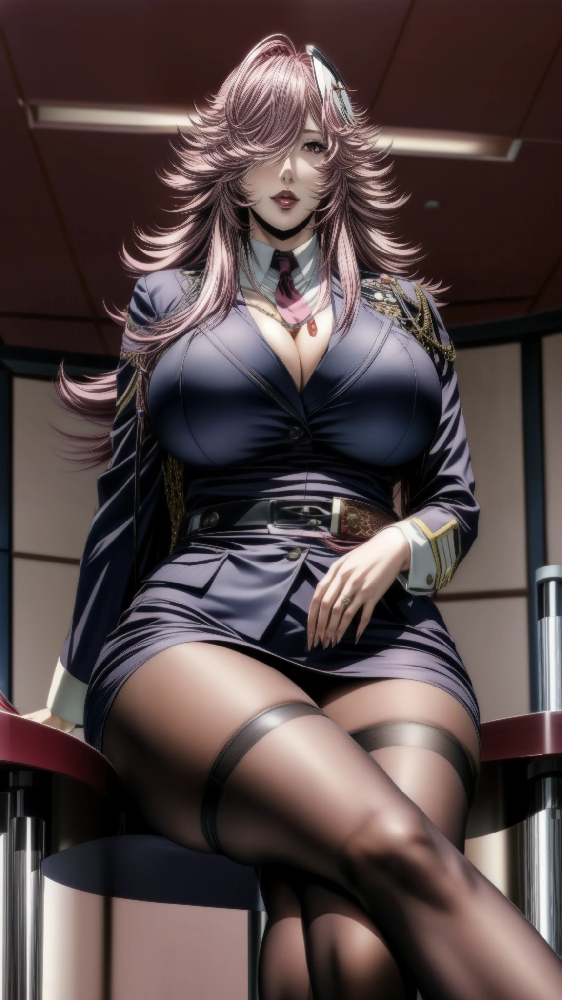 Yayoi_Kusakabe, 1girl, solo, smile, red eyes, sitting, sky, cloud, indoors, hair over one eye, makeup, table, crossed legs, lipstick, thick thighs, large breasts, curvy hips