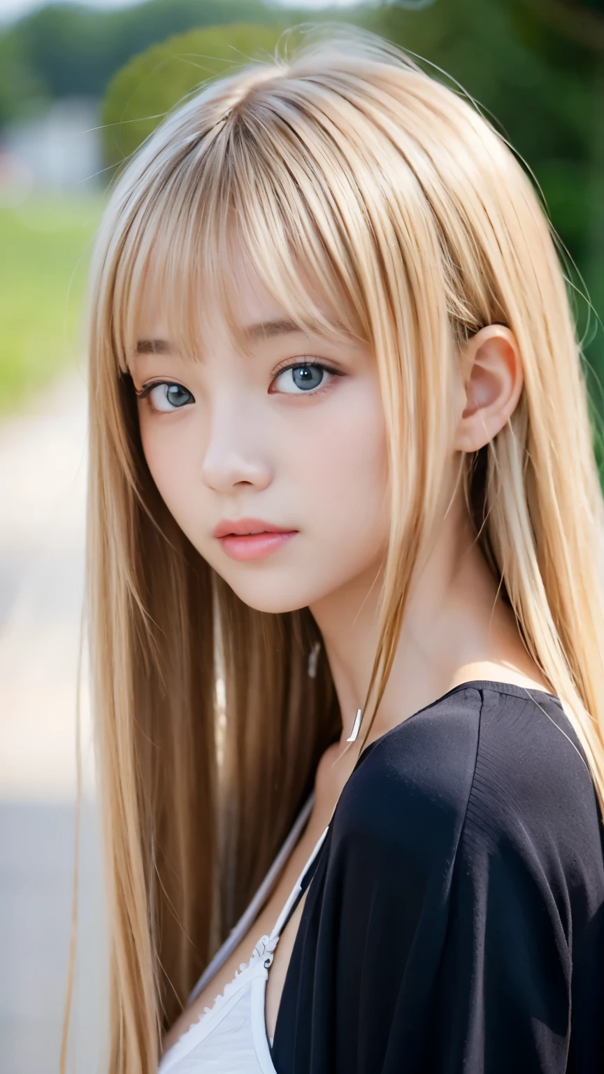 Sexy big 、15 year old beautiful girl sexy cute looks and cute, beautiful and sexy face、A strong wind blows my hair in front of my face、Beautiful blonde straight hair with beautiful cute and sexy eyes hidden in her long bangs