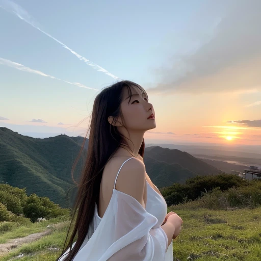 (highest quality, Realistic photos, Raw photo, 8k), (((A beautiful Japanese girl who will charm you,))) ((She is very attractive、In the middle of a beautiful landscape, I send my best love to you. , Expressing emotions with the whole body、The way he looks up at you captivates you,)) (A tiny existence in a vast world、The moment I try my best to move your heart)