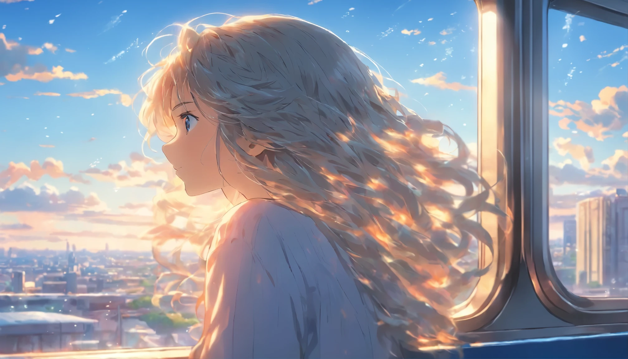 Girl looking out the window from the train、solo、long silver hair、Sad face、Blue sky at daytime、Masterpiece、Delicate illustration with super details、