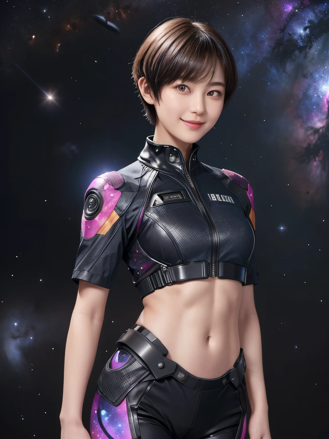 214 Short Hair, 20-year-old woman, A kind smile, Floral, Futuristic clothing, machinery suit, ((Clothes that show abs、Clothes with short sleeves)), (The background is a galaxy and nebula)