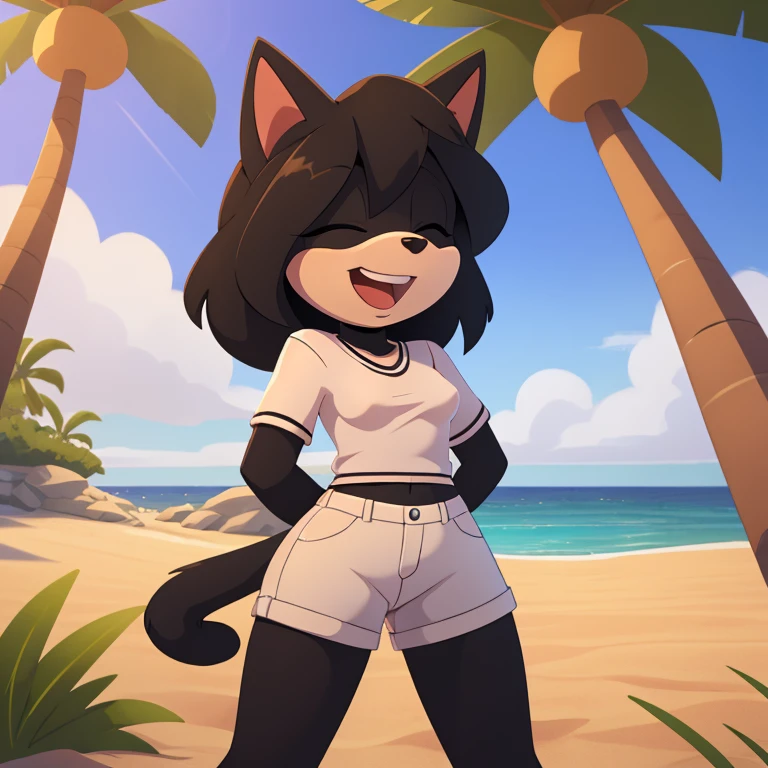 mobian cat, black fur, short hair, black hair, beach, female, 1girl, portrait, laughing, closed eyes, palm tree, grass, sand, standing, small breasts, silk shirt, white shirt, white shorts, arm behind back, Masterpiece, high quality, studio quality, intricate details, 4k, solo