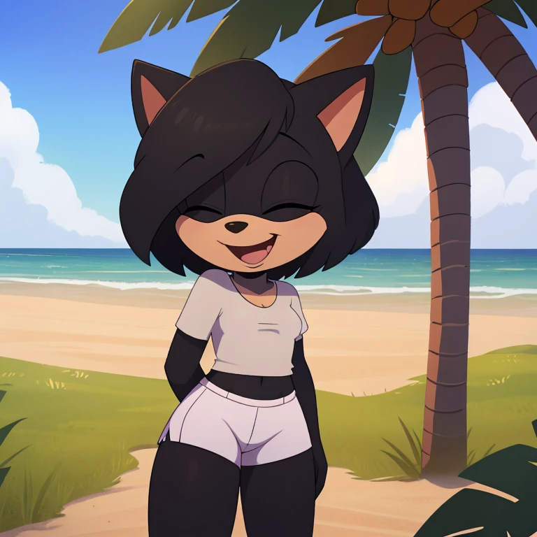 mobian cat, black fur, short hair, black hair, beach, female, 1girl, portrait, laughing, closed eyes, palm tree, grass, sand, standing, small , silk shirt, white shirt, white shorts, arm behind back, Masterpiece, high quality, studio quality, intricate details, 4k, solo