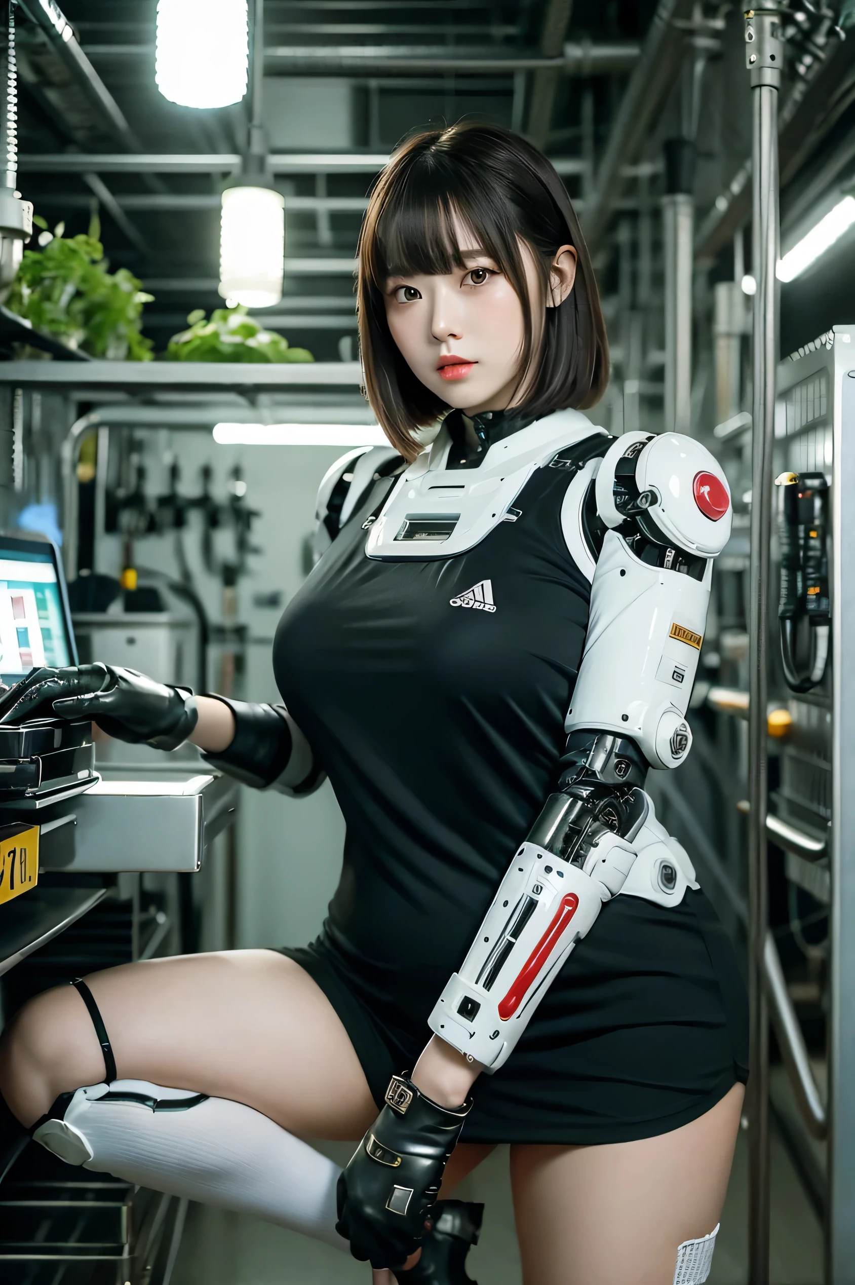 masterpiece, best quality, extremely detailed,portrait, Japanese android girl,Plump,a bit chubby,control panels,robot arms,robot,android,cyborg,white robot body,blunt bangs,robot repair plant,black knee high socks,